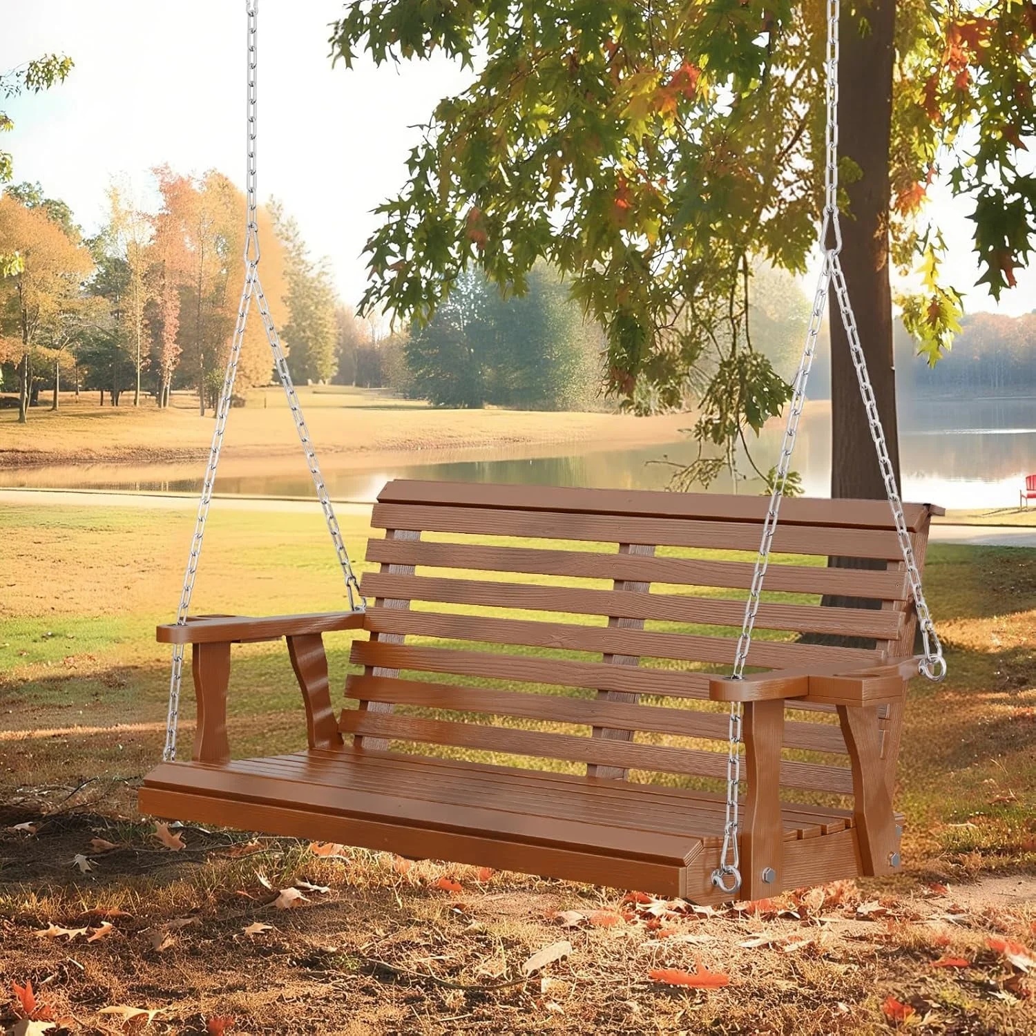 SOLAURA 2 Seat Outdoor Wooden Porch Swing with Cup Holders, Hanging Patio Swing with Hanging Chains, Swing Bench Chair for Backyard Garden Balcony, 440lbs Weight Capacity, Brown - Image 7