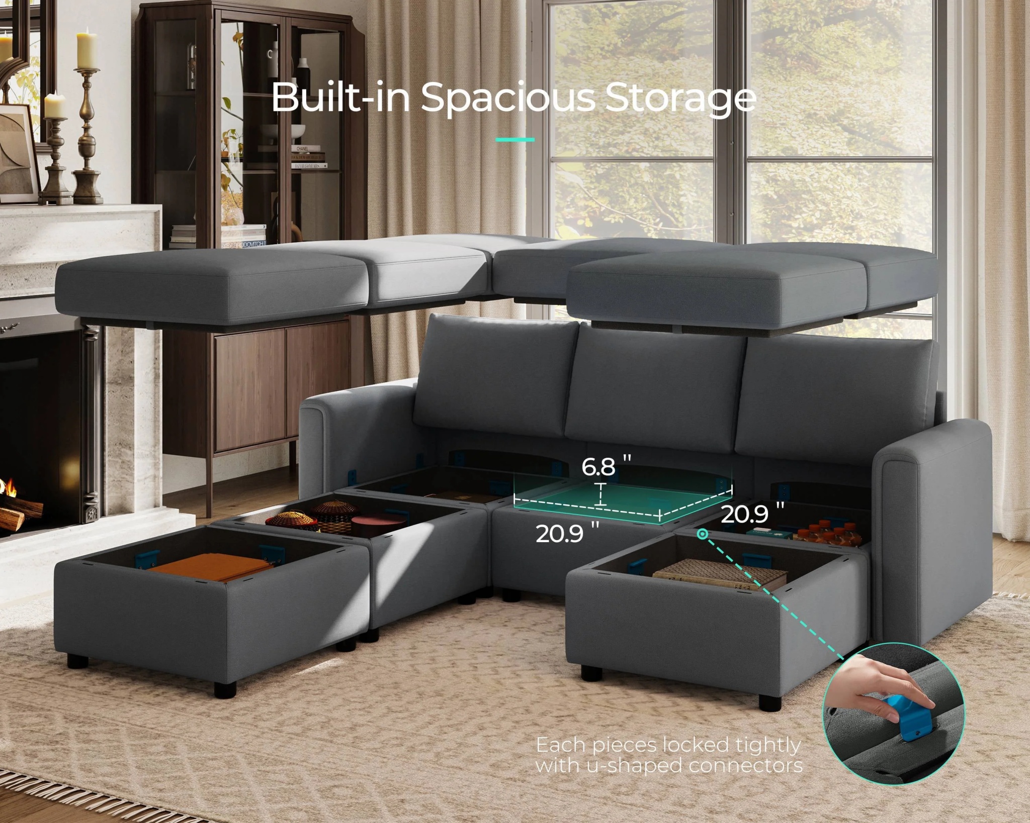 Linsy Home Modern Convertible Sleeper Sofa Bed with Storage Ottomans, Modular Sectional Couch Sofa,Dark Gray - Image 4
