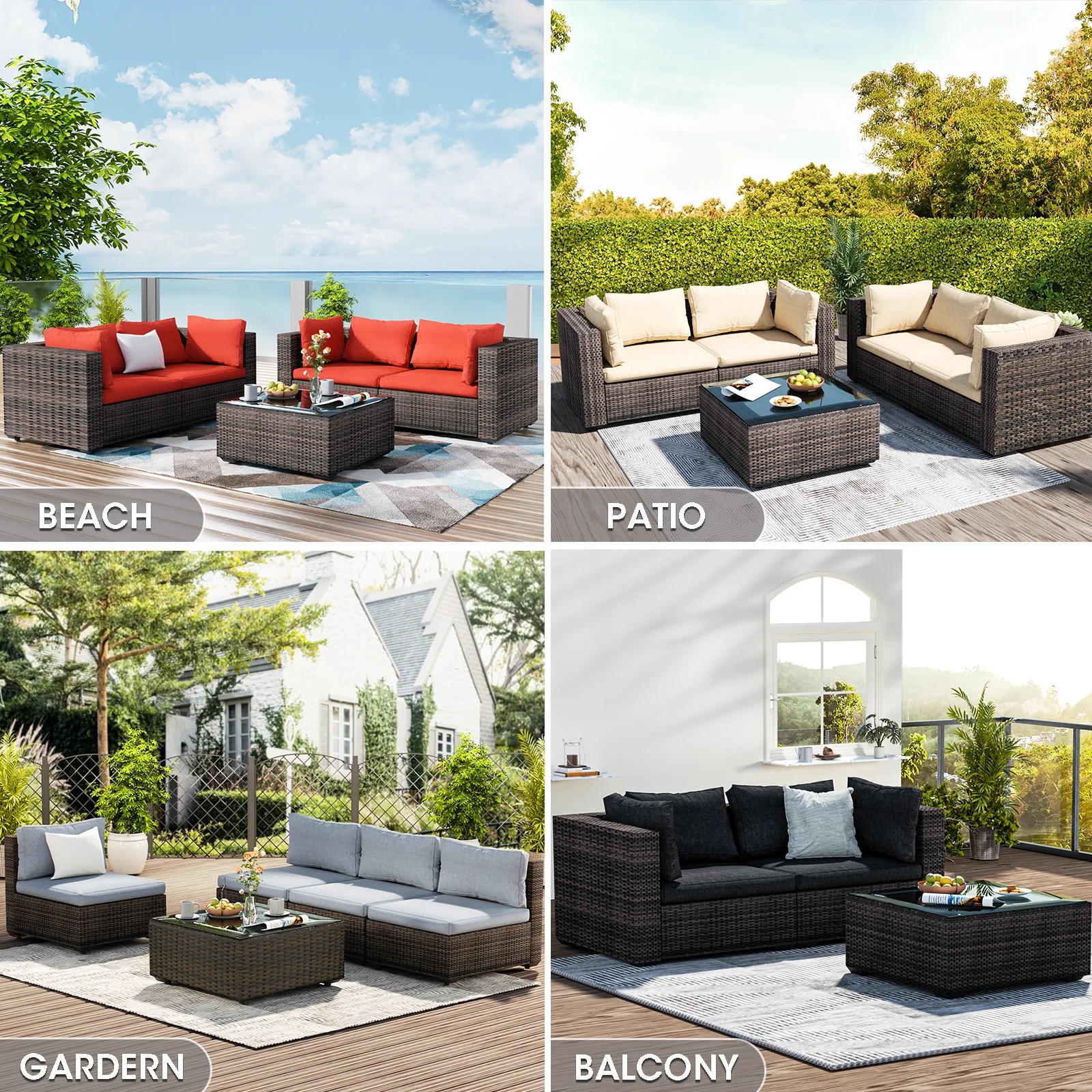 Grezone 7 Patio Outdoor Furniture Wicker Sectional Sofa Couch Lawn Sectional, Black - Image 14