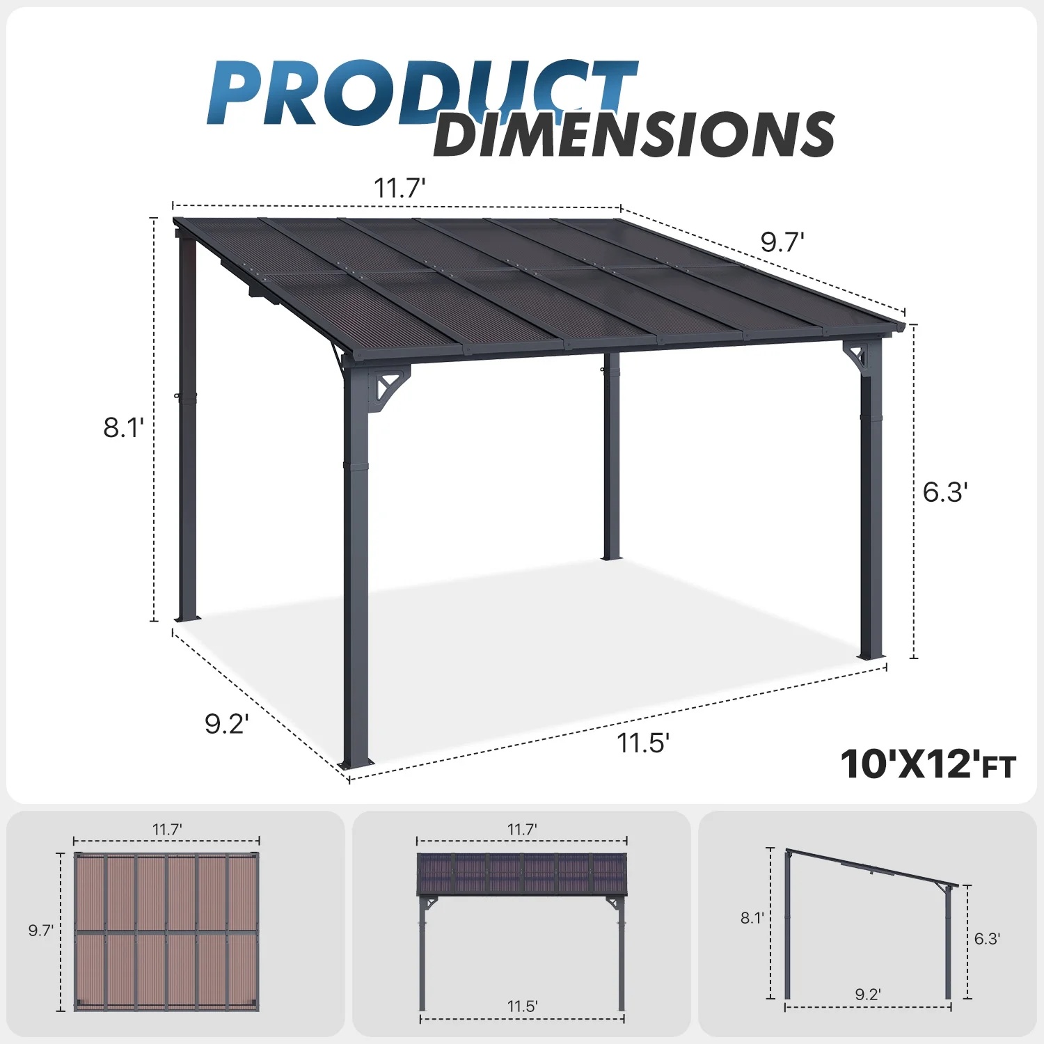 Sumnthink 10'x12' Gazebo for Patio, Gazebo Pergola with Sloped Roof, Large Wall-Mounted Heavy Duty Awnings, for Patio, Deck and Backyard - Image 6