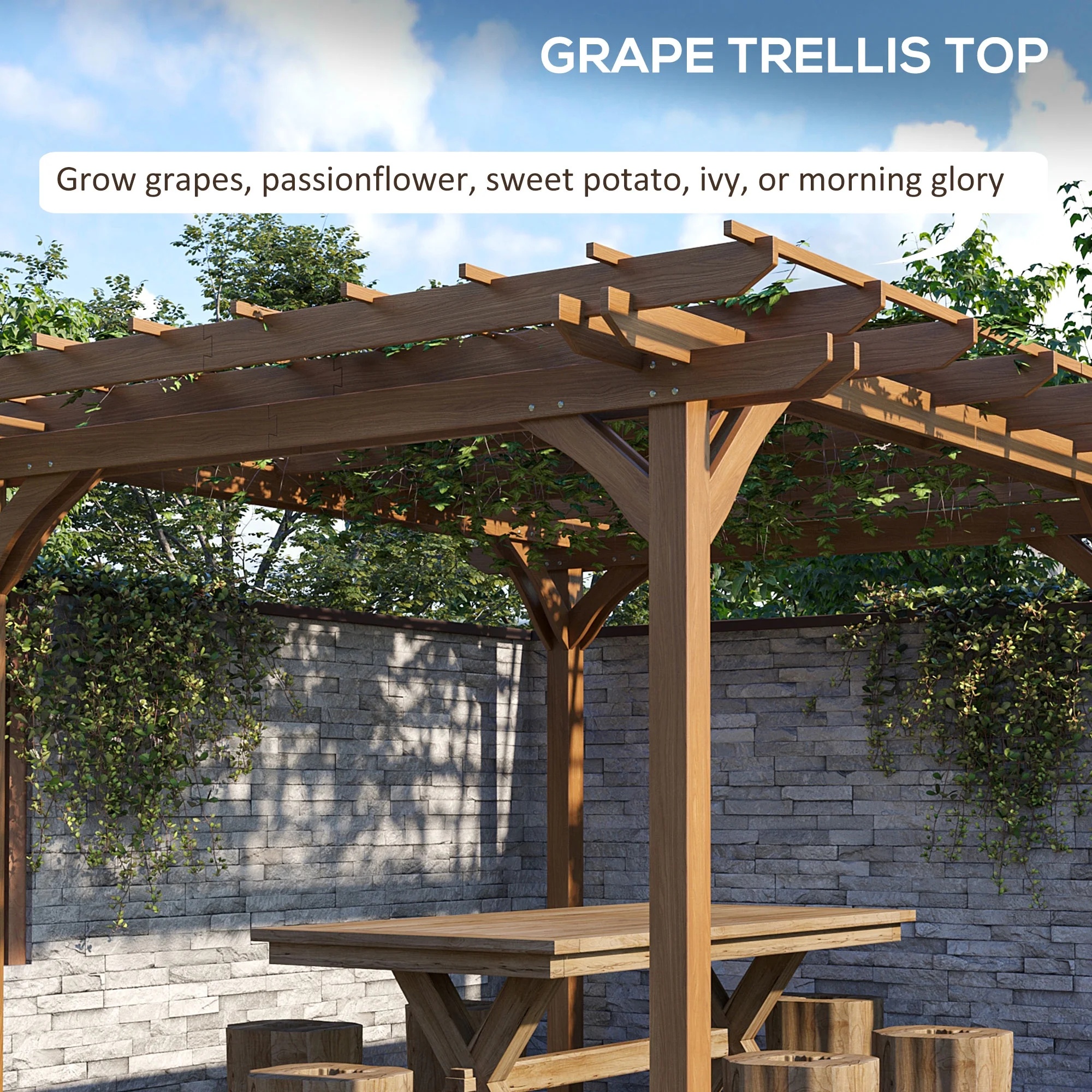 Outsunny 12' x 10' Wooden Pergola Grape Trellis, Outdoor Gazebo for Garden, Patio, Backyard, Deck, Gray - Image 14
