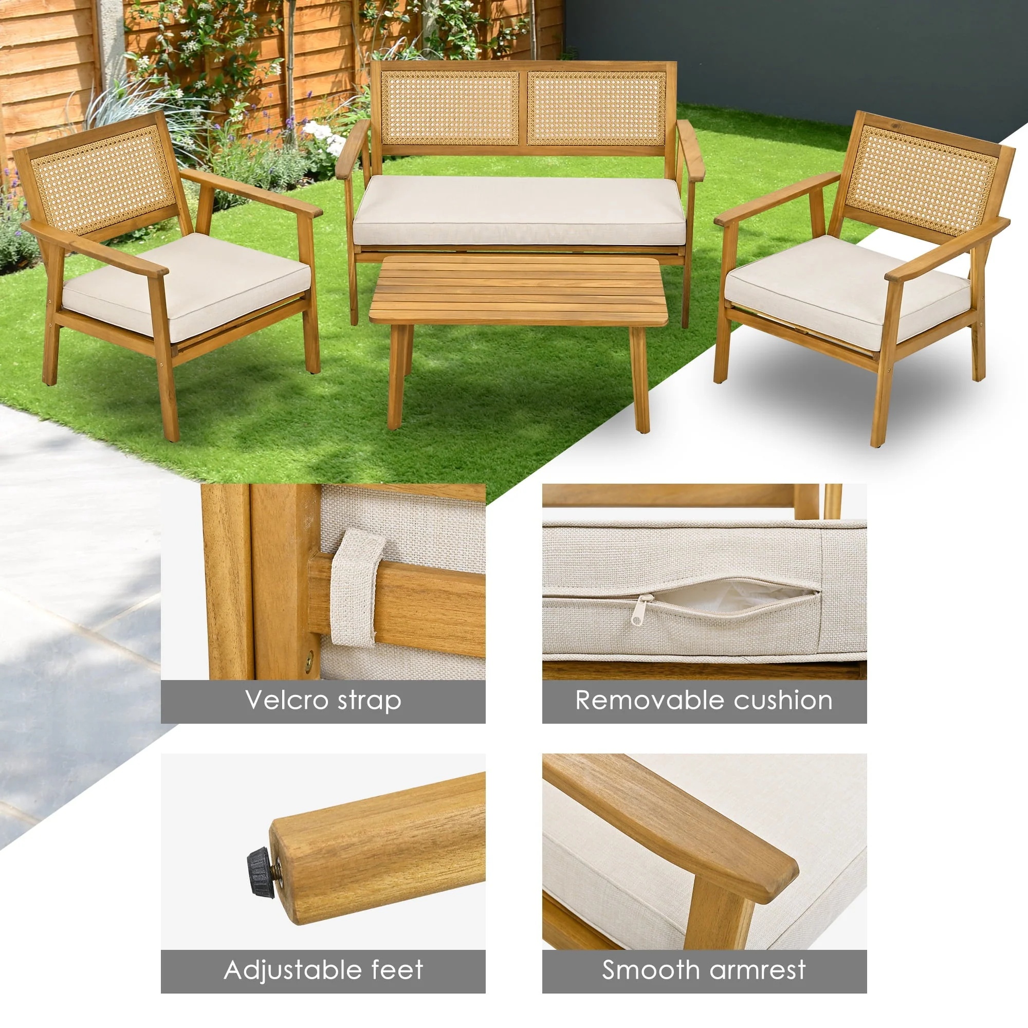 4 Piece Outdoor Patio Furniture Sets All Weather Outdoor Sofa PE Garden Furniture Wicker Rattan Patio Conversation Set with Glass Table & Beige Cushions - Image 3