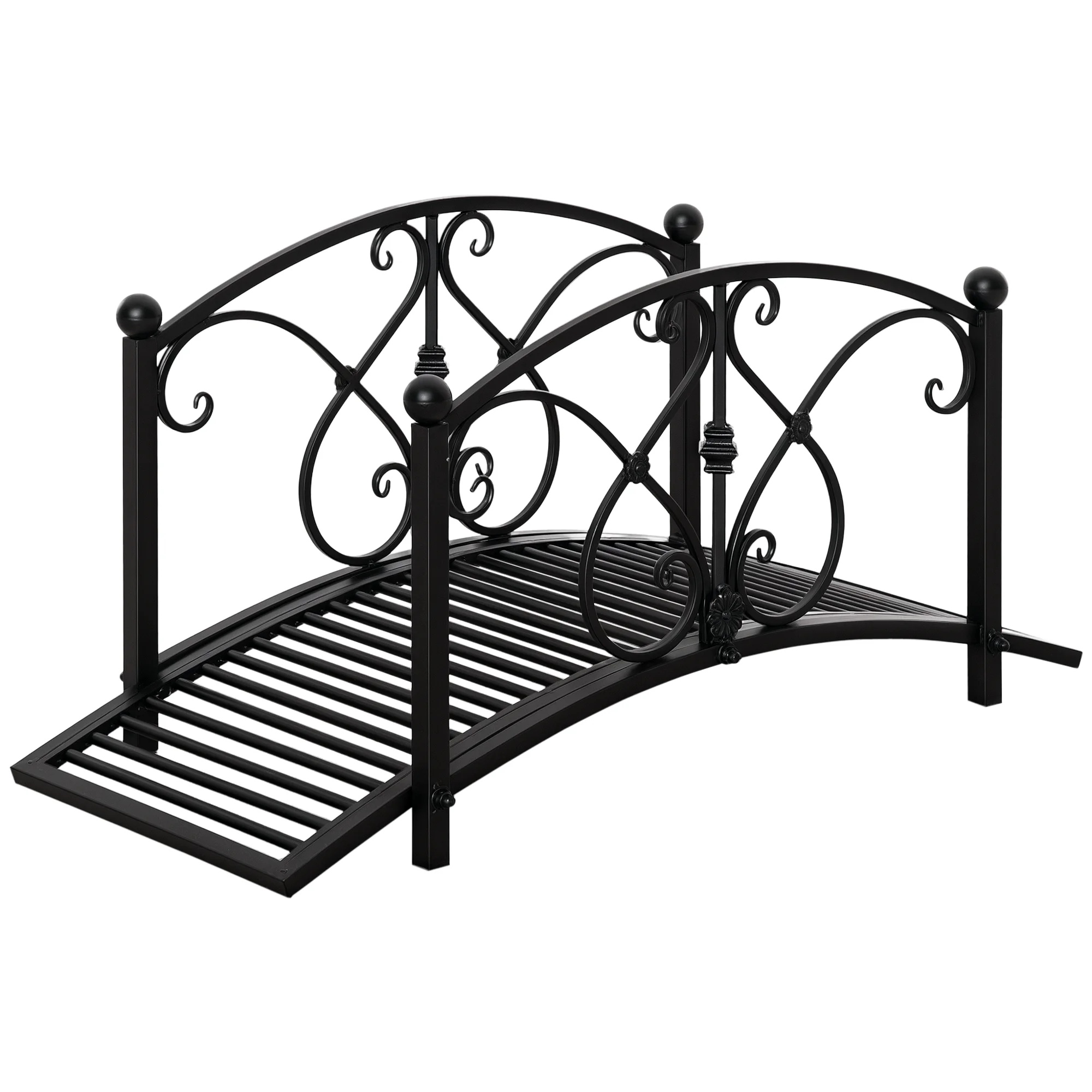 Outsunny 3.3FT Metal Arch Zen Garden Bridge with Safety Siderails, Decorative Footbridge, Delicate Floral Scrollwork for Stream, Fish Pond, Brown - Image 11