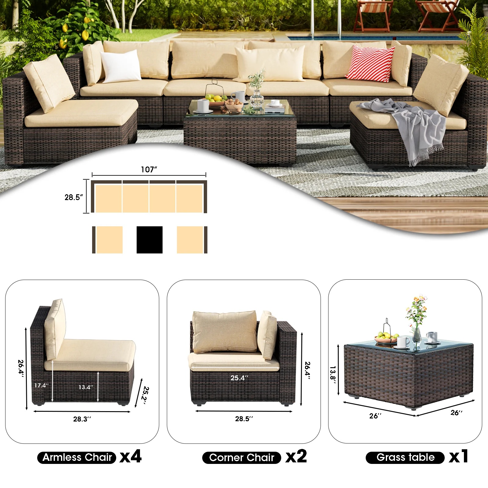 Grezone 7 Patio Outdoor Furniture Wicker Sectional Sofa Couch Lawn Sectional, Black - Image 31