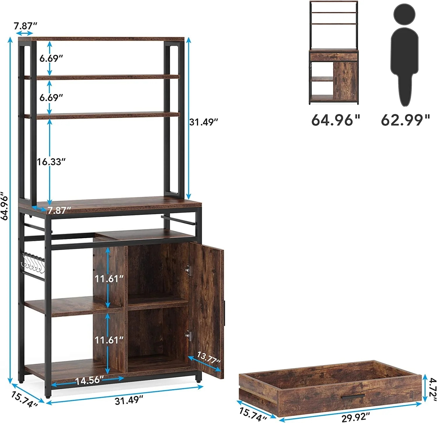 Tribesigns Bakers Racks for Kitchens with Cabinet, Large Capacity Microwave Stand with Drawers,6-Tier Kitchen Utility Storage Shelf with Hooks, Free Standing Kitchen Shelf Cabinets, Vintage Brown - Image 5