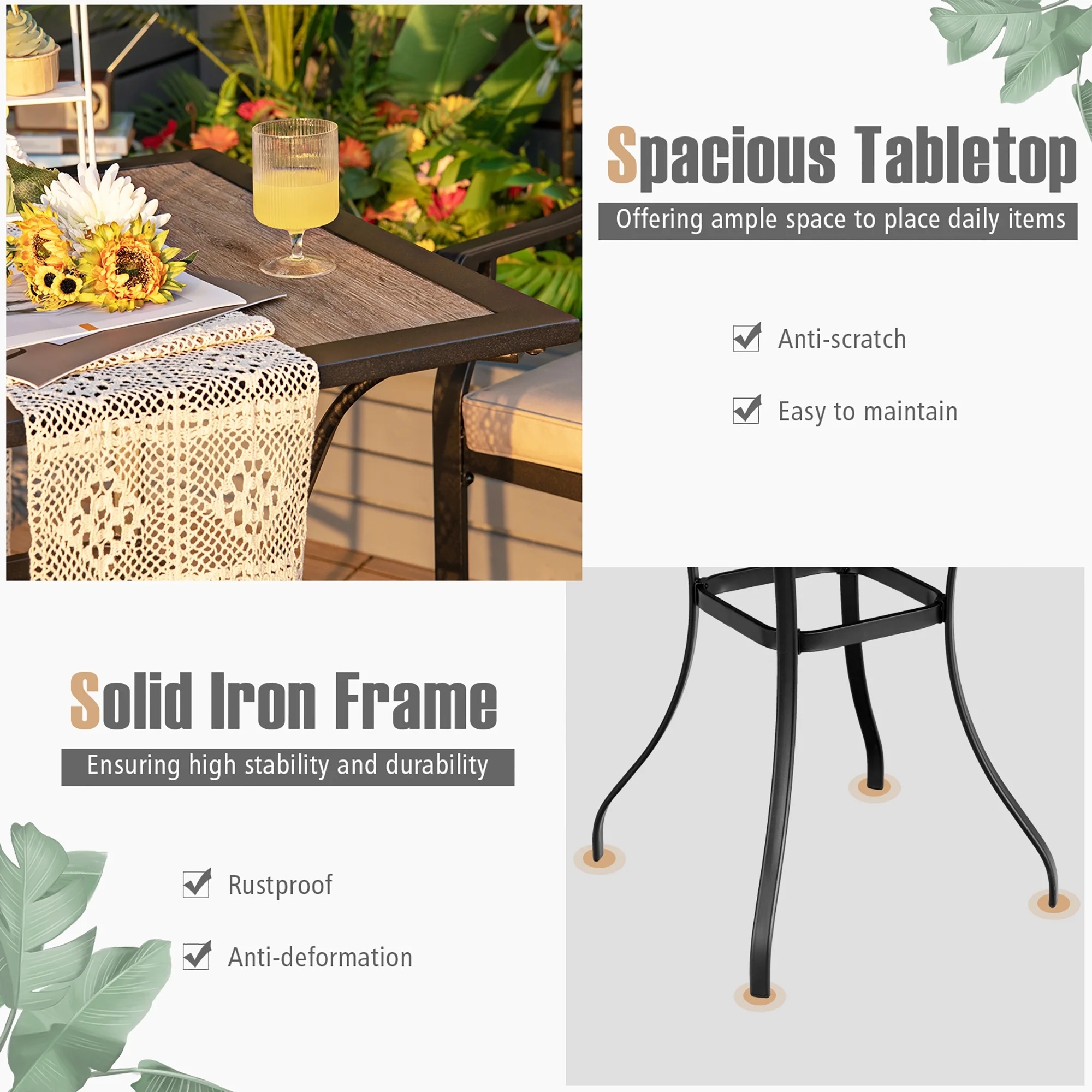 Costway Patio Square Bar Table Wood-Like Tabletop Metal Frame Garden Backyard - Image 5