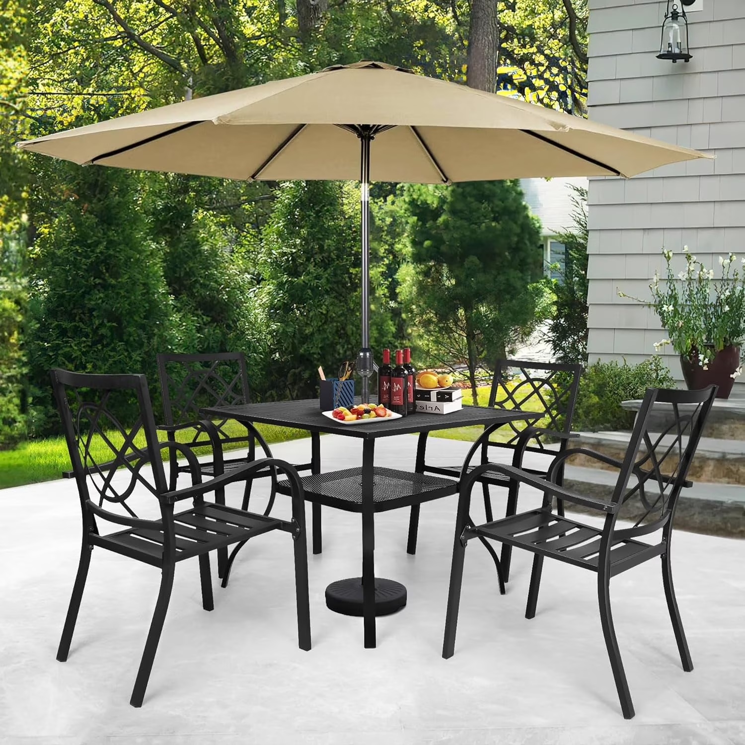 SUNCROWN 7-Piece Outdoor Wrought Iron Chairs and Table Patio Dining Furniture Set - 6 Stackable Metal Chairs, 1 Steel Slat Bistro Table and 1 Brown 9Ft Patio Umbrella for Garden Backyard Deck - Image 20