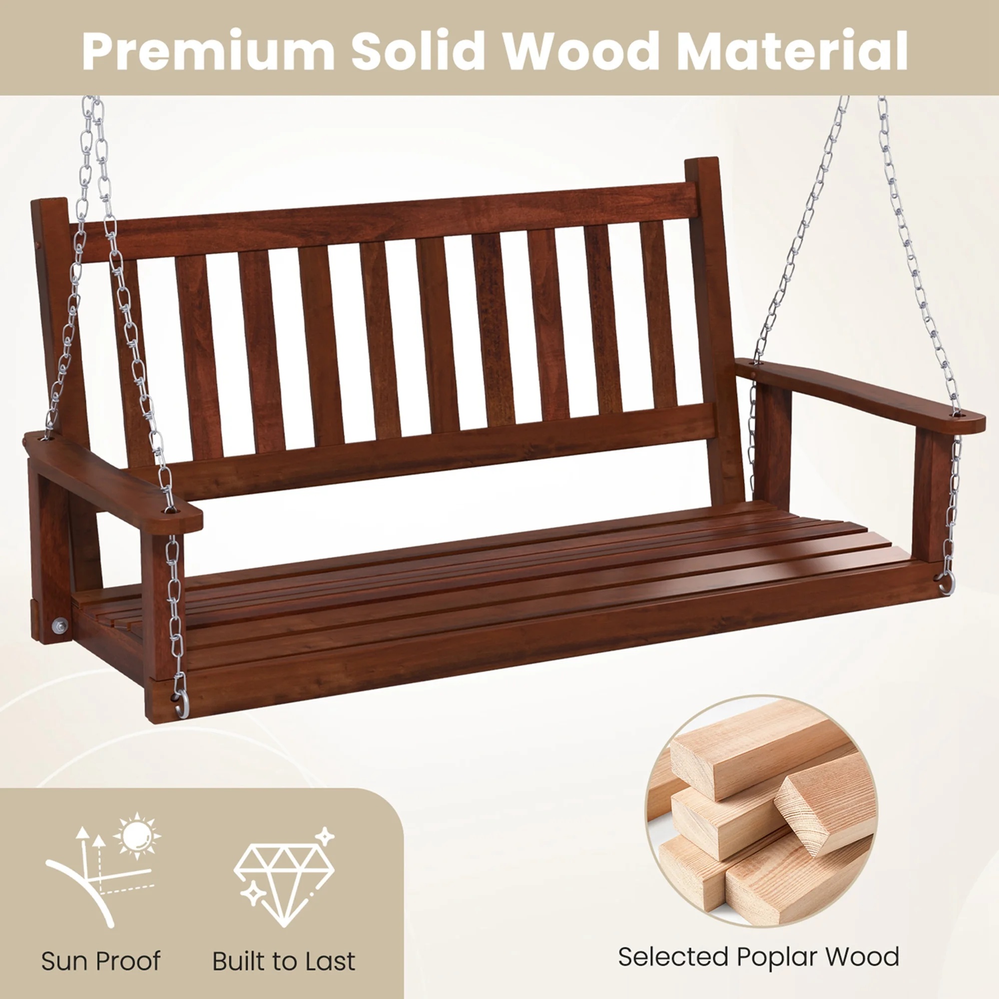 Costway 3-Person Wooden Outdoor Porch Swing Heavy Duty Patio Hanging Bench Chair White - Image 16