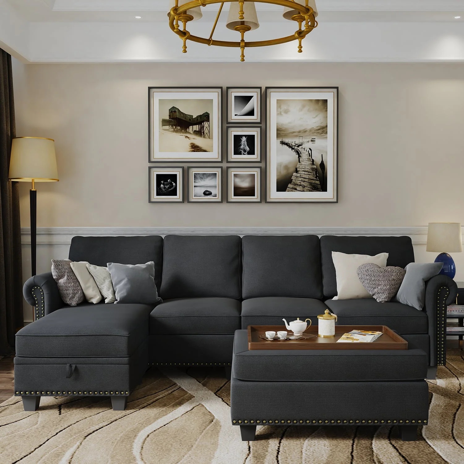 Nolany Reversible Sectional Couch L Shaped Sofa Set with Storage Tray Ottoman for Small Space and Living Room, Dark Grey - Image 8
