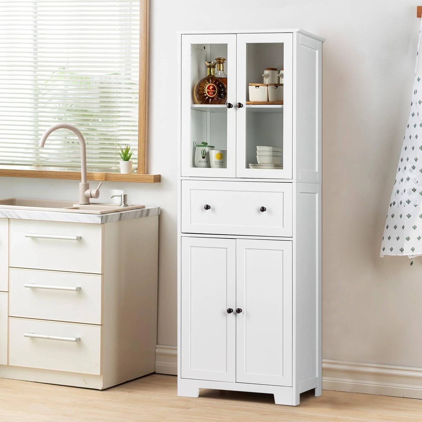 Ktaxon 64" Tall Bathroom Storage Cabinet Organizer, Freestanding Kitchen Pantry Cabinet Line Tower with 2 Glass Doors, Large Drawer & 4 Adjustable Shelves for Dining Room Living Room Home Office,White - Image 13