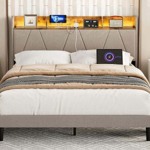 IKIFLY Queen Bed Frame with Charging Station & Storage Shelf Headboard, Upholstered LED Bed Frame with 2 Outlets and 2 USB Ports-? Type C-? Solid Wood Slats, No Box Spring Needed - Light Brown