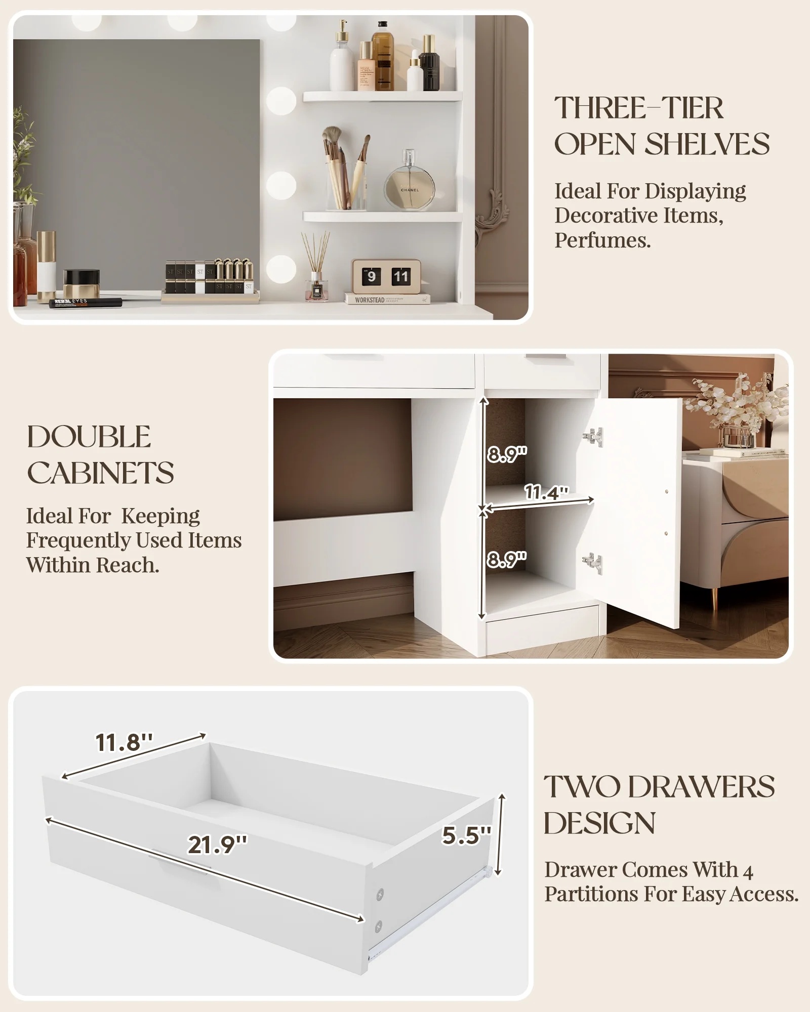 LIVELYGLOW Vanity Desk with Mirror and Lights, Makeup Vanity with Drawer & Storage Shelves, Cabinet, 3 Lighting Modes Adjustable Brightness,White - Image 4