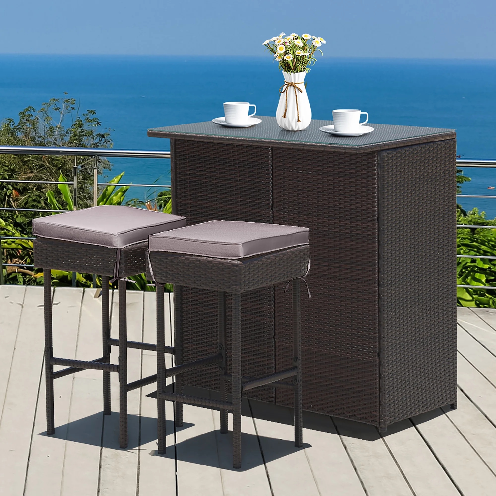 Costway Patio 3PCS Rattan Bar Table Stool Set Cushioned Chairs with Gray & Off white Cover - Image 9