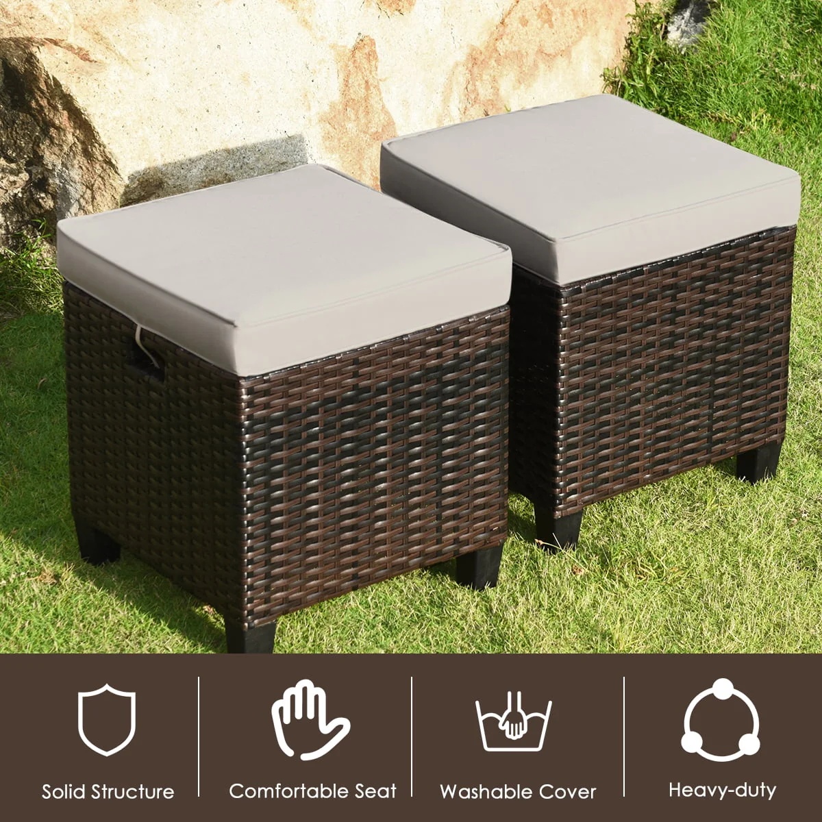 Gymax Set of 2 Patio Rattan Ottoman Footrest Garden Outdoor w/ Brown Cushion - Image 7