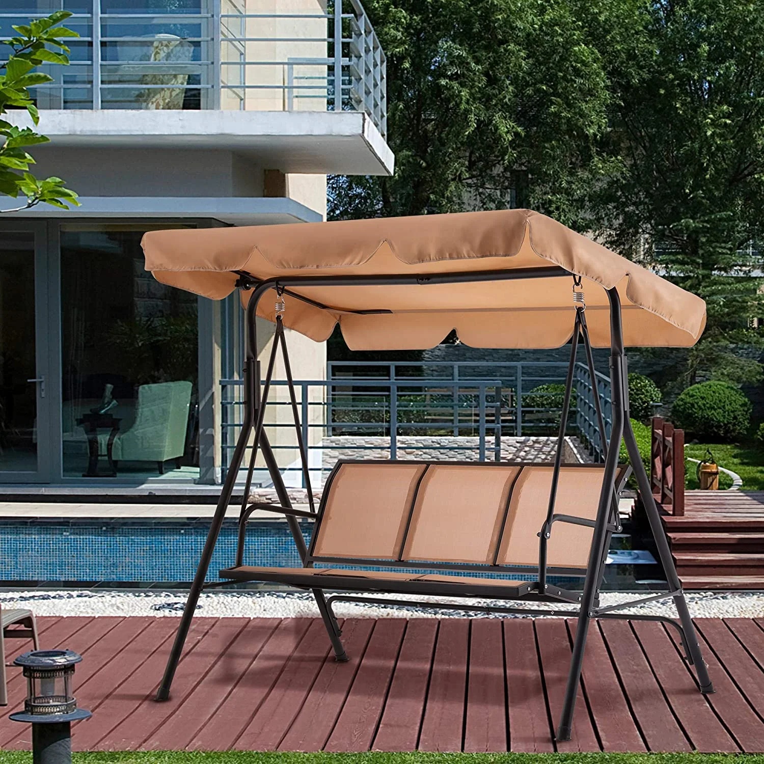 Mcombo Outdoor 3 Person Patio Canopy Swing Chair, Porch Swing, Burgundy - Image 12