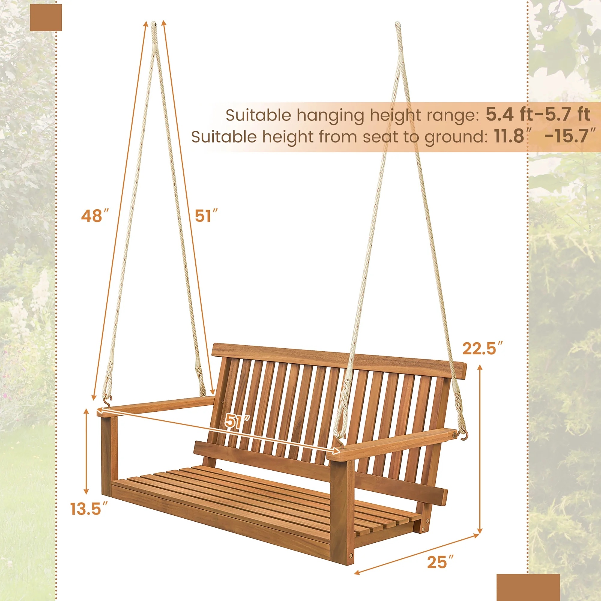Gymax 2-Person Acacia Wood Outdoor Porch Swing Patio Hanging Bench Chair Natural - Image 3