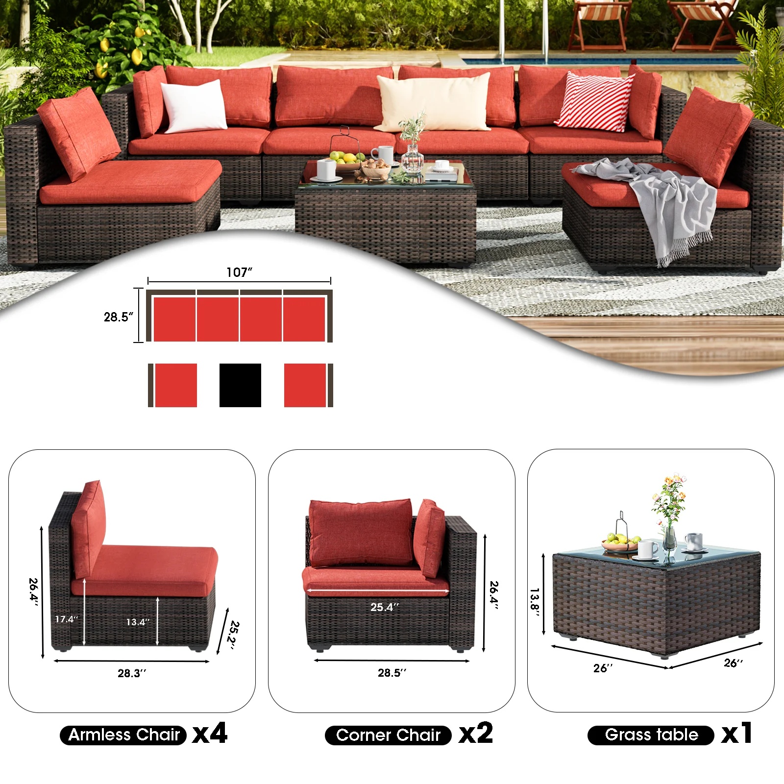Grezone 7 Patio Outdoor Furniture Wicker Sectional Sofa Couch Lawn Sectional, Black - Image 24
