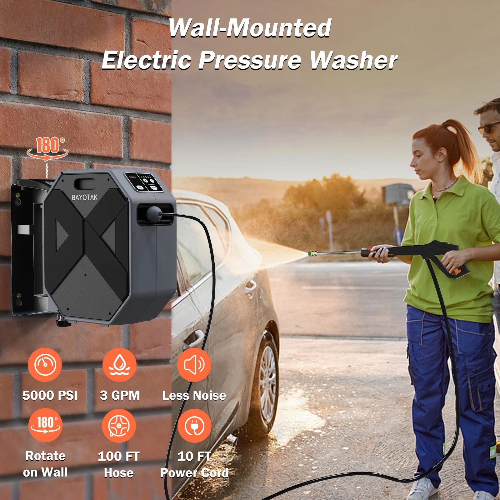 Electric Pressure Washer, 5000 PSI 3.0 GPM Wall Mounted Power Washer, Remote Control with 100 FT Retractable Hose, Foam Cannon, Nozzles for Cars/Garage/Patio, Gray - Image 2