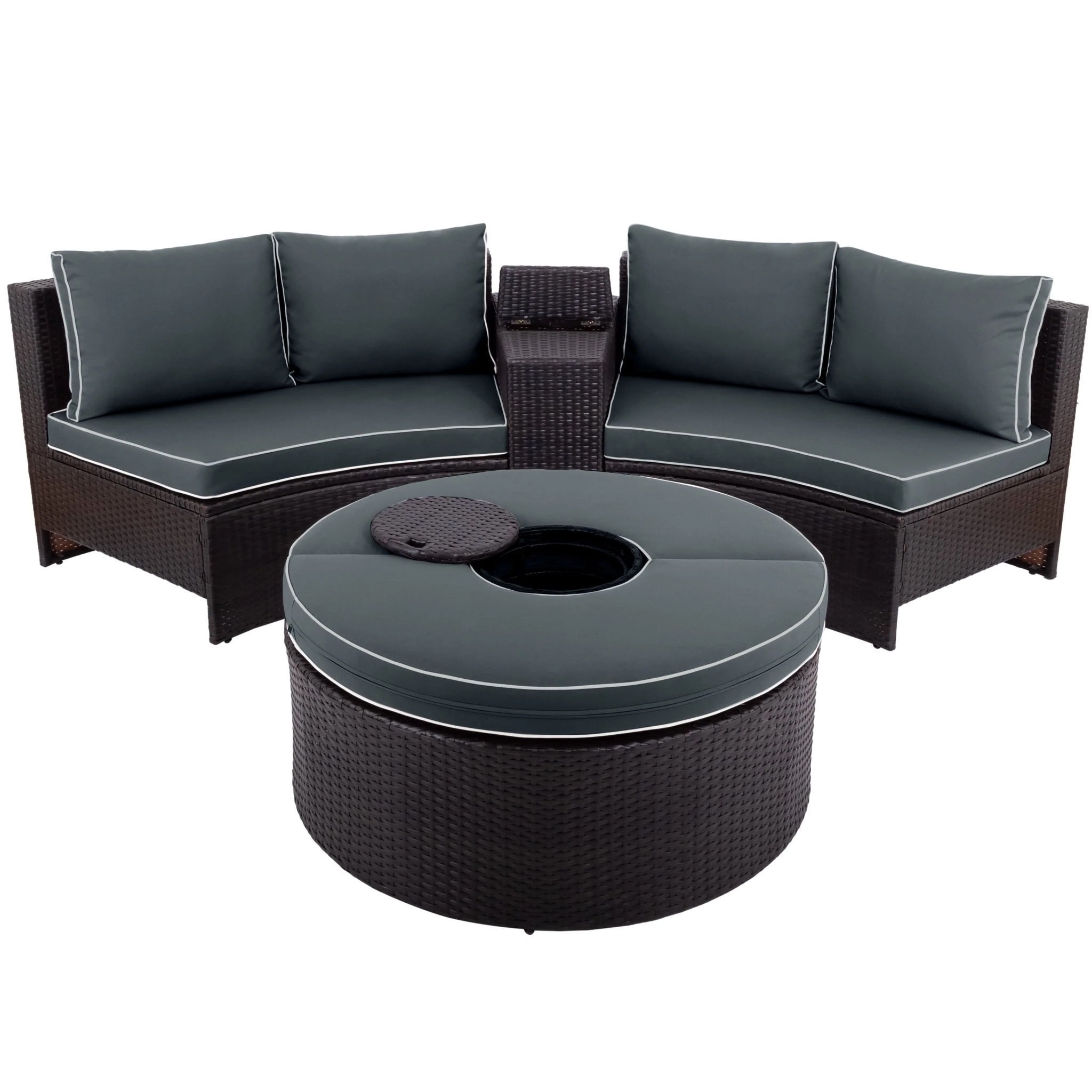 BTMWAY 6 Piece Outdoor Patio Sofa Furniture Set, BTMWAY PE Wicker Half Moon Outdoor Sectional Sofa Set with Side Table for Umbrella, Multifunctional Round Table, Gray Cushions, Pillows, Brown Rattan - Image 11