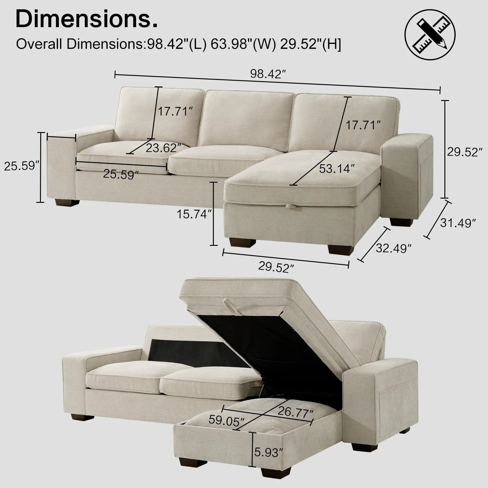 ASHOMELI 98.45'' Convertible Sectional Sofa,L Shaped Couch,Multi-Functional Reversible Sofa with USB and Type-C Charging Ports, Storage Space, Breathable Fabric - Image 7