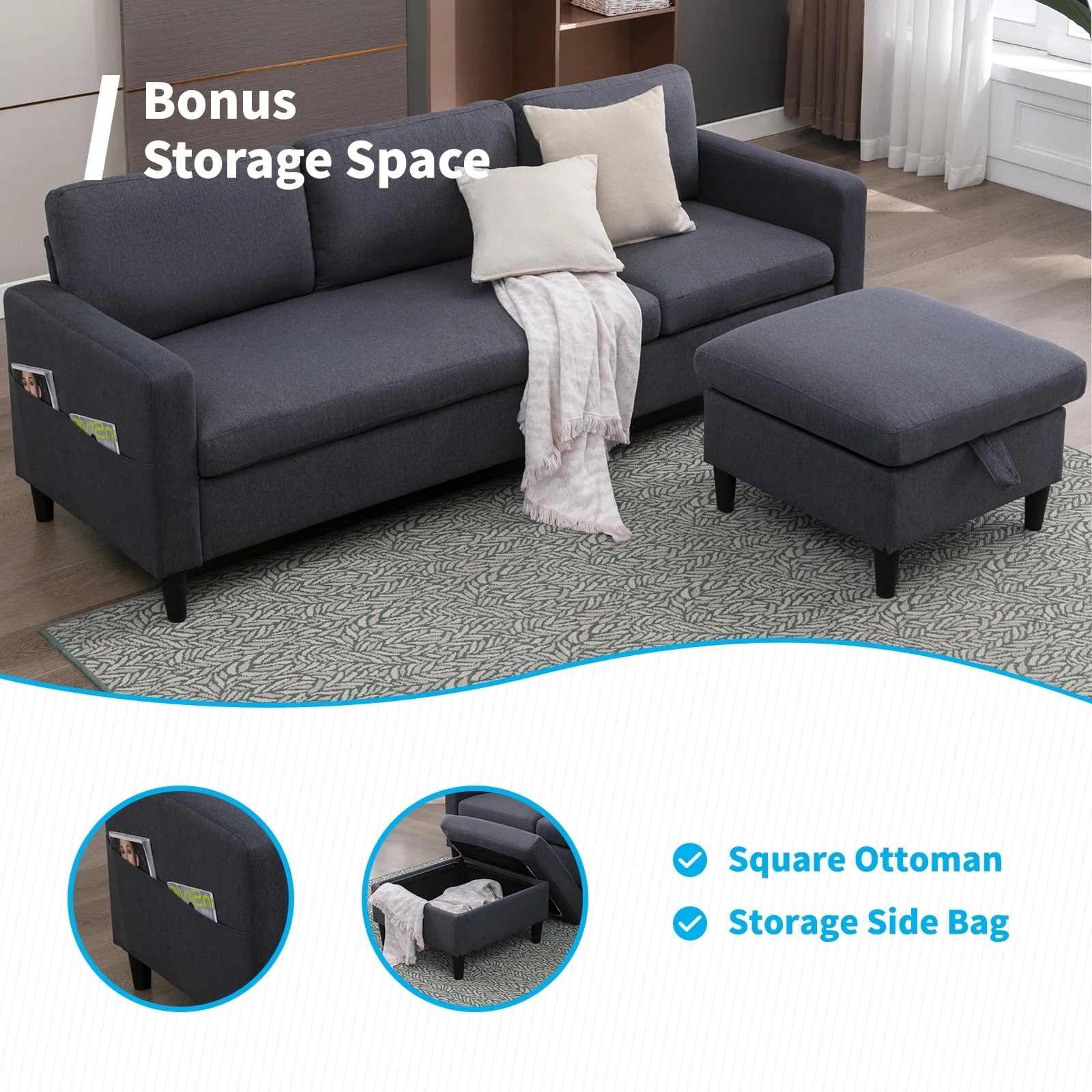 Mjkone Convertible Sectional Sofa Couch with Storage Ottoman, 86" W L-Shaped Couch for Living Room, 3-Seat Sofas with Reversible Chaise, Sectional Couches for Living Room/Office/Bedroom (Dark Gray) - Image 4