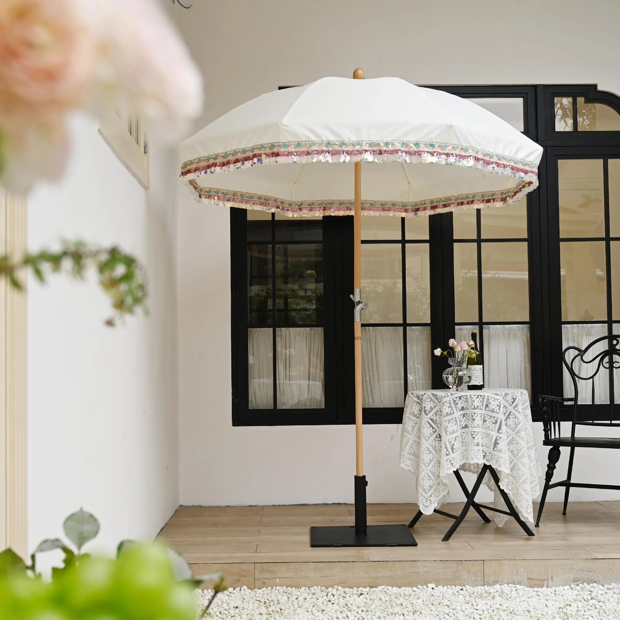 LAGarden 6 Ft Fringe Patio Umbrella with Tassel Jazz Age Wood UPF50+ for Outdoor, Beige with gold tassel,Model: JZ6-01 - Image 28