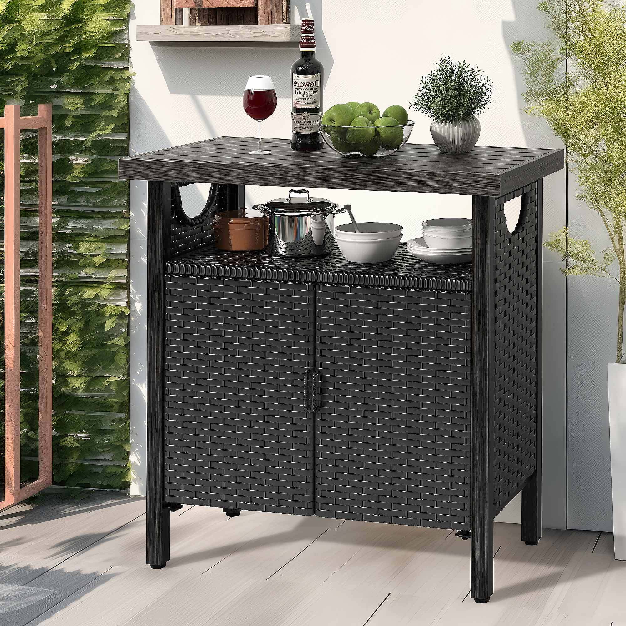 DWVO Outdoor Garden Patio Wicker Storage Cabinet with with 2 Doors and Shelves, Wicker Bar Table, Rattan Counter Table,Deck Box - Brown - Image 13