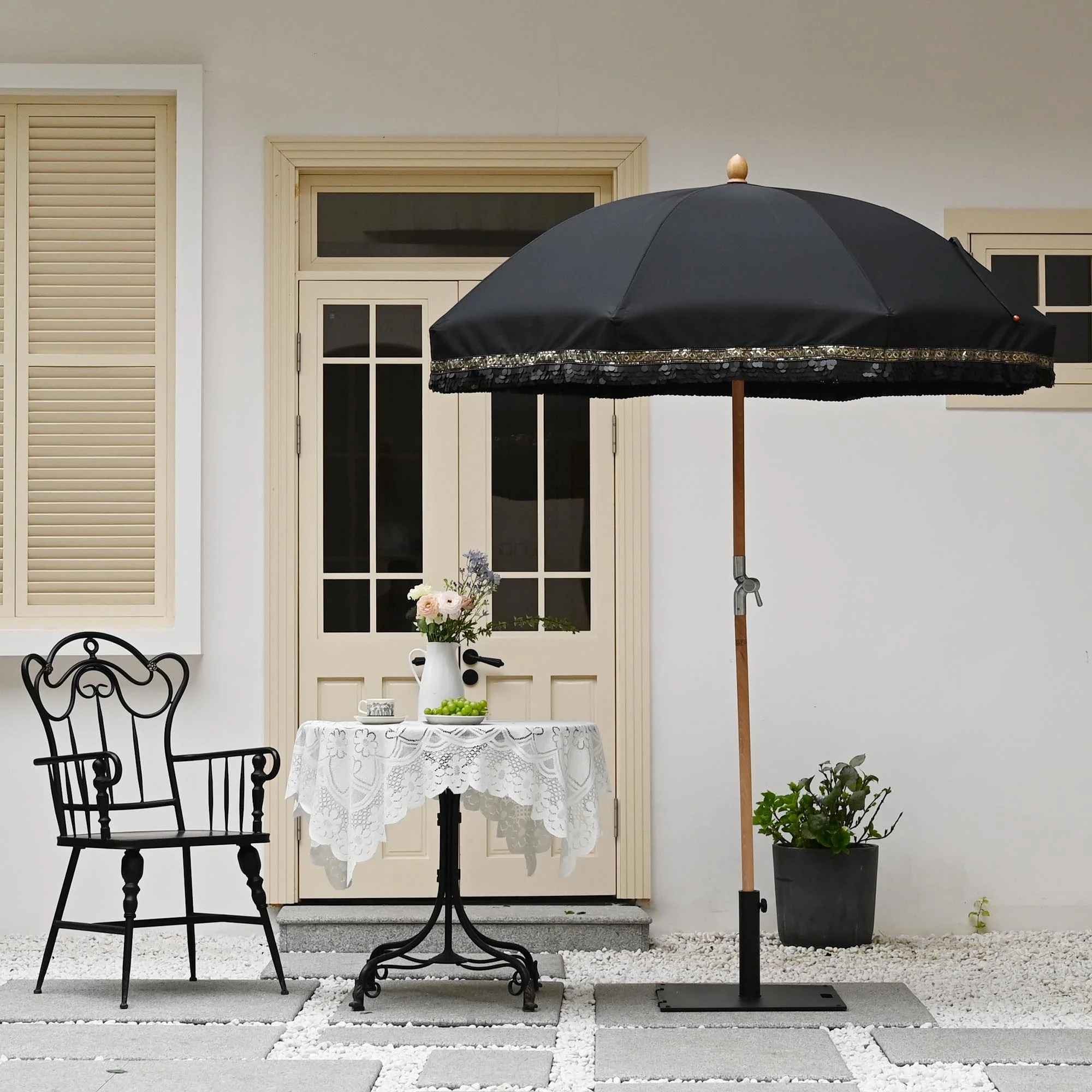 LAGarden 6 Ft Fringe Patio Umbrella with Tassel Jazz Age Wood UPF50+ for Outdoor, Beige with gold tassel,Model: JZ6-01 - Image 20