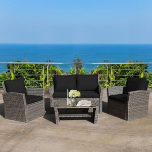 Costway 4PCS Patio Rattan Furniture Set Sofa Table Storage Shelf Black Cushion