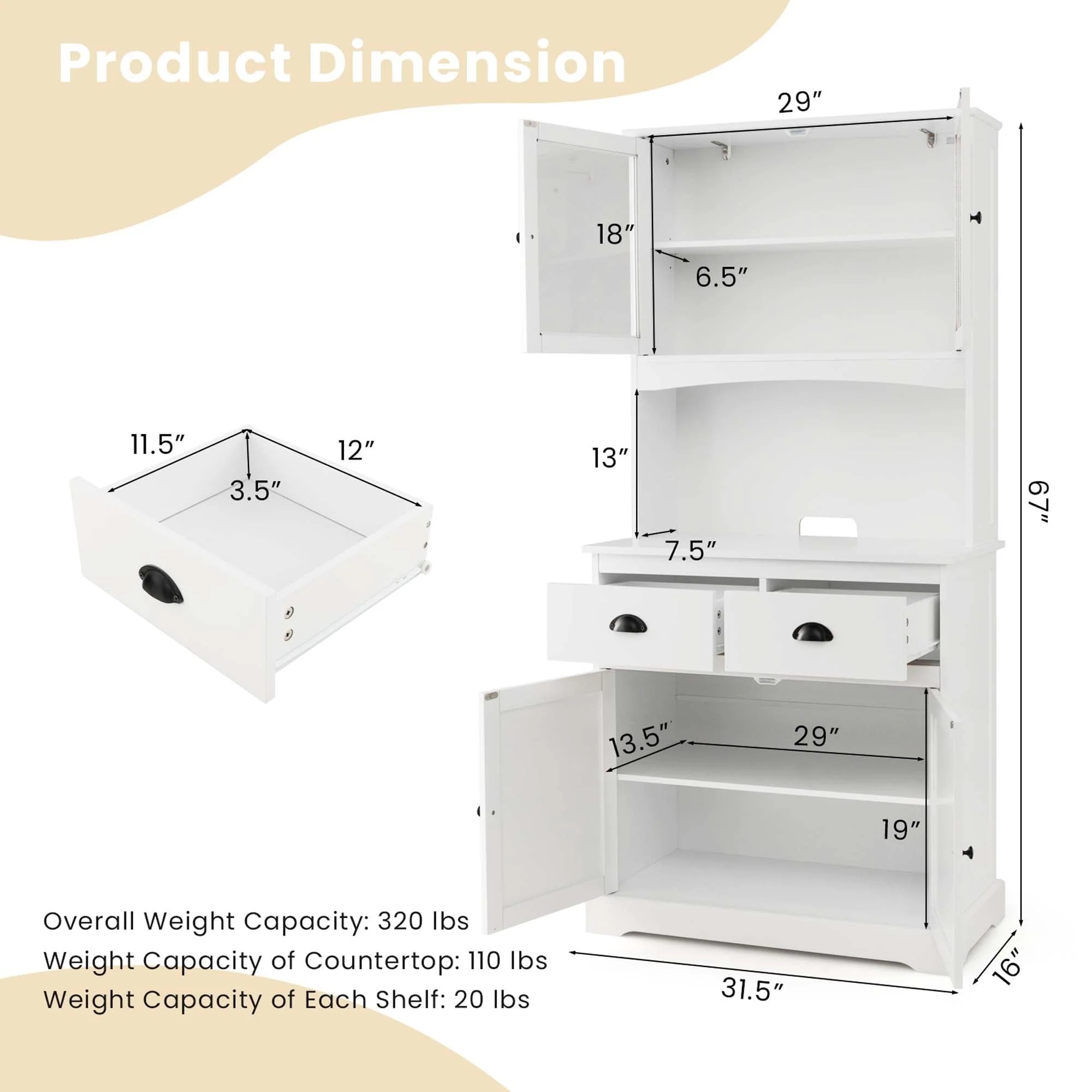 Costway 67'' Storage Cabinet Closet Kitchen Pantry Cupboard with Adjustable Shelves White - Image 3
