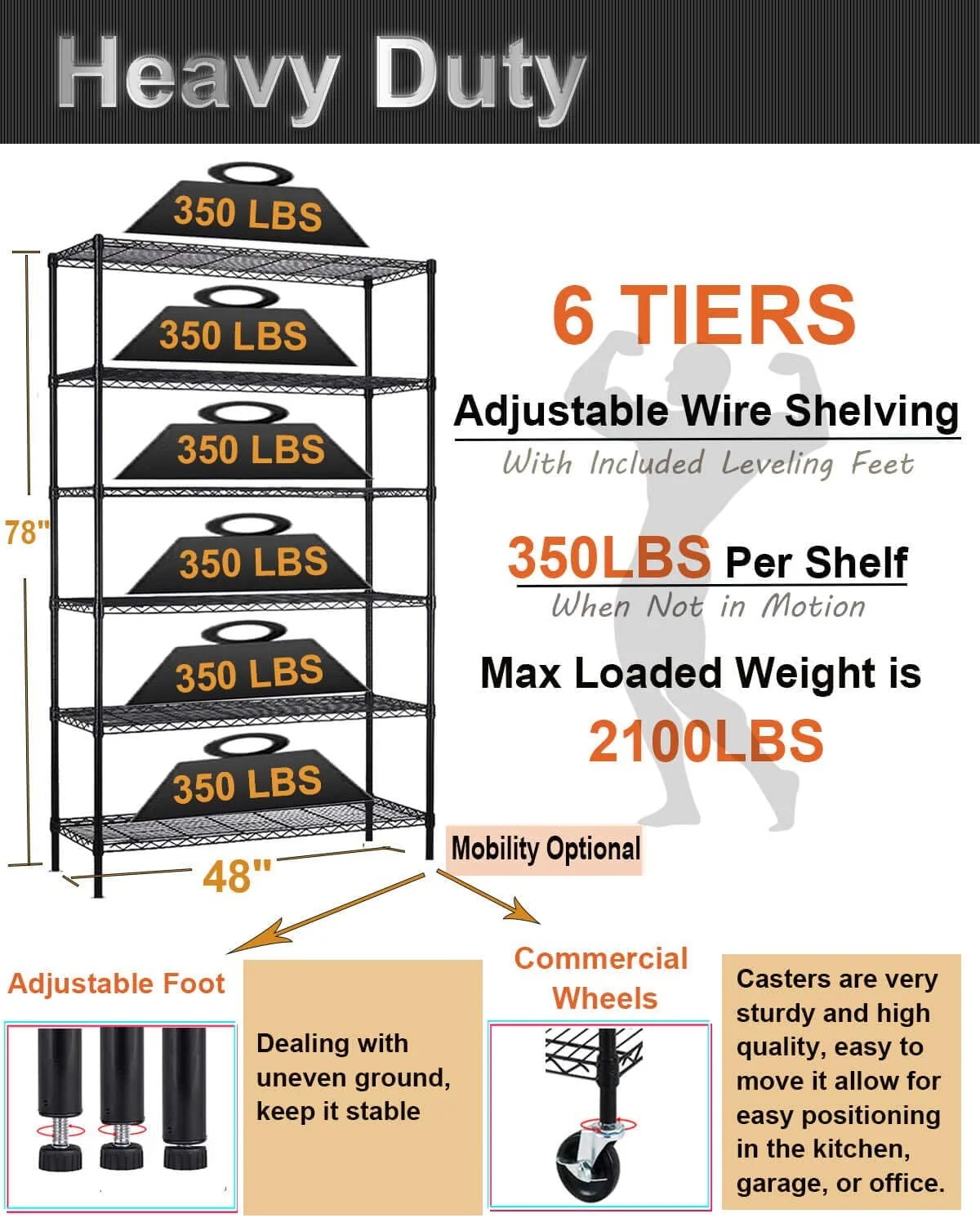 6 Tier Wire Shelving Unit with Wheels Adjustable Storage Shelves Heavy Duty Shelving Easy to Assemble Metal Wire Shelf Standing Garage Shelves for Multifunctional Home Storage,2100 Lbs Weight Capacity - Image 3