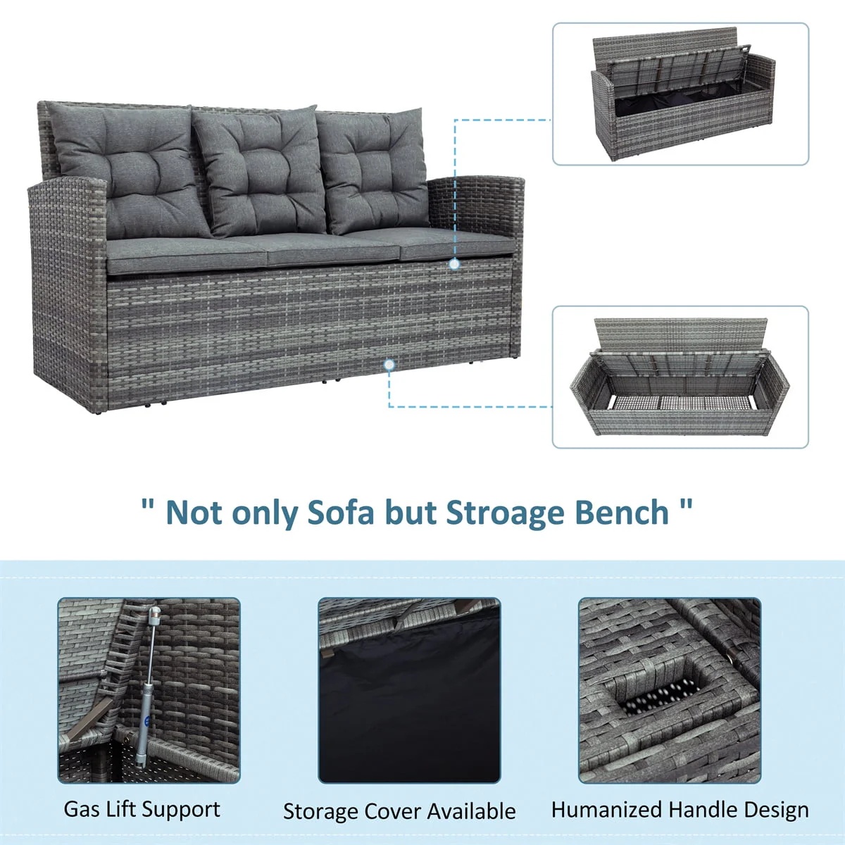 5 Piece Patio Furniture Sets, Outdoor Conversation Sets with Glass Coffee Table, Wicker Rattan Sectional Sofa Couch with Storage Bench, Ottomans & Cushions for Garden, Pool, Backyard, Gray - Image 9
