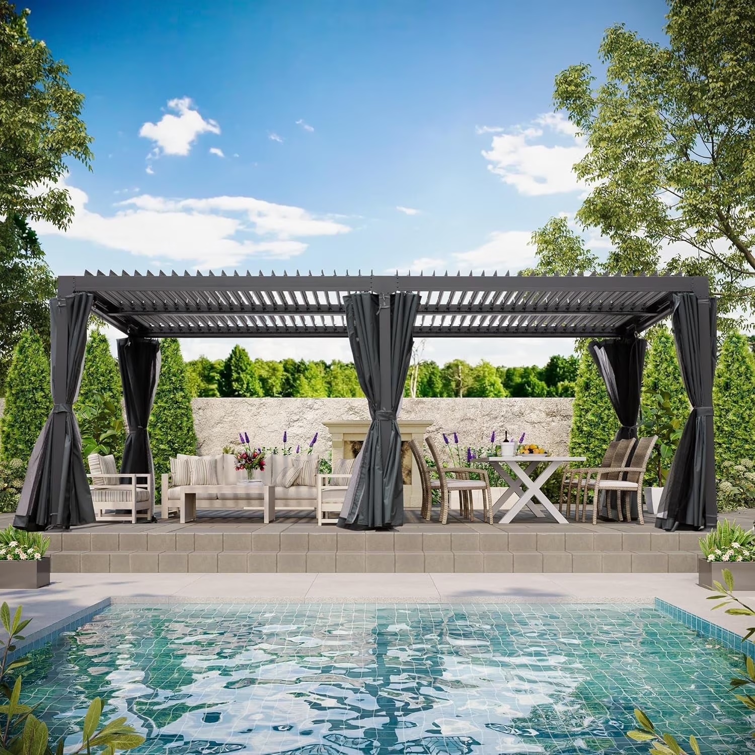 GAZEBETER 10' x 20' Louvered Pergola, Outdoor Aluminium Pergola with Adjustable Roof, Curtains and Netting, Hardtop Gazebo for Patio, Deck, Garden, Yard, Beach, White - Image 3
