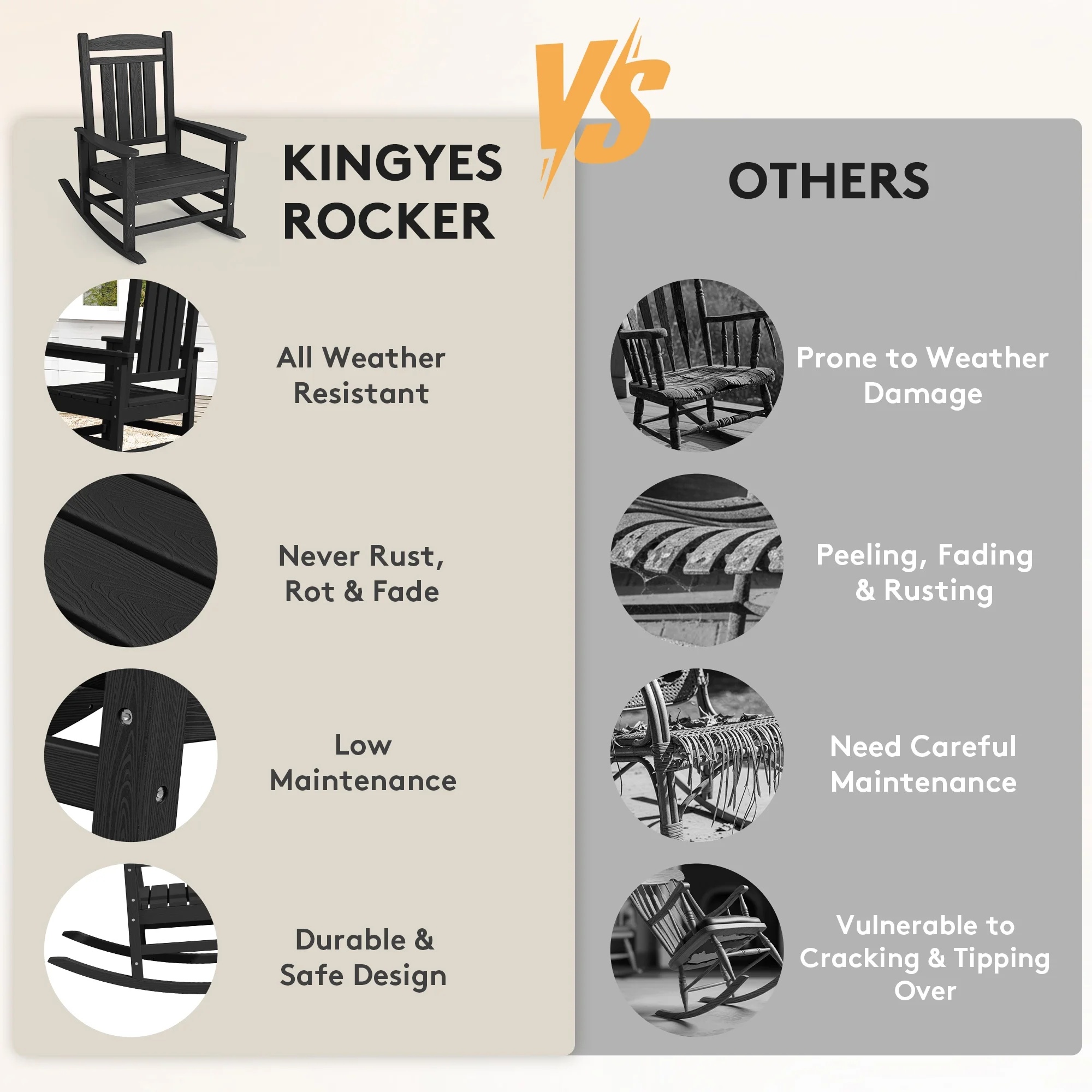 KINGYES HDPE Outdoor Rocking Chairs Set of 2,HDPE Patio Rocker for Porch,Black - Image 2