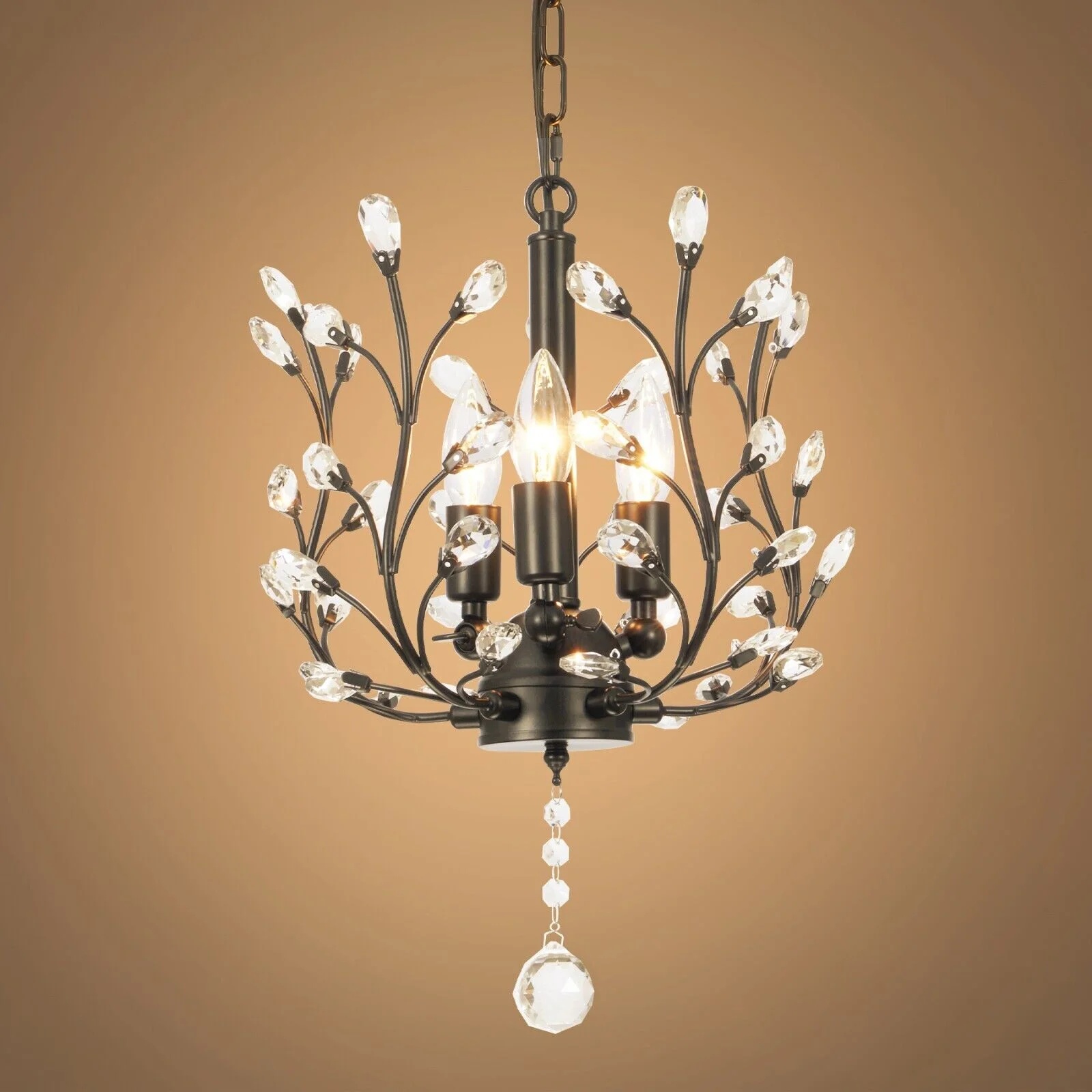 FINE MAKER 18-inch branch flower-shaped crystal chandelier, 3-head living room chandelier, bedroom study lighting fixture (black) - Image 3