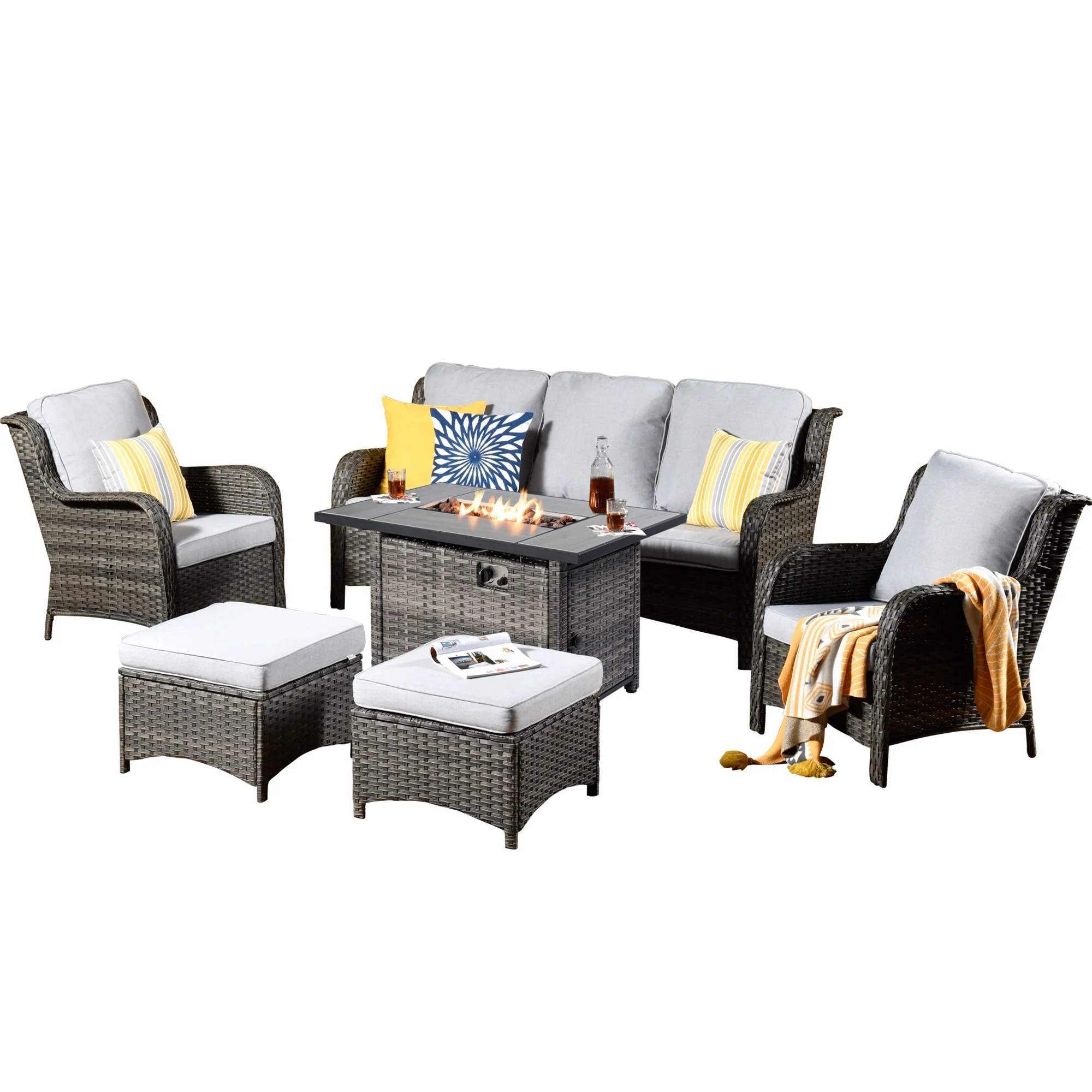 Ovios 6 Pieces Outdoor Furniture with CSA Fire Pit Wicker Patio Conversation Set All Weather Sectional Sofa for Porch - Image 9