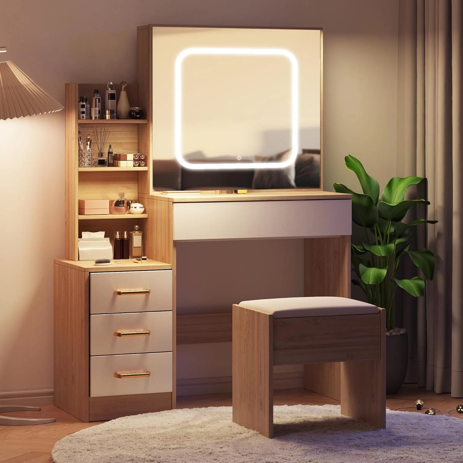 Vanity Desk with Sliding Mirror and Lights, Makeup Vanity Set with Power Outlet, 4 Drawers, Stool, Open Shelves, 3 Color Lighting Modes, Brightness Adjustable, Makeup Dressing Table for Bedroom - Image 23