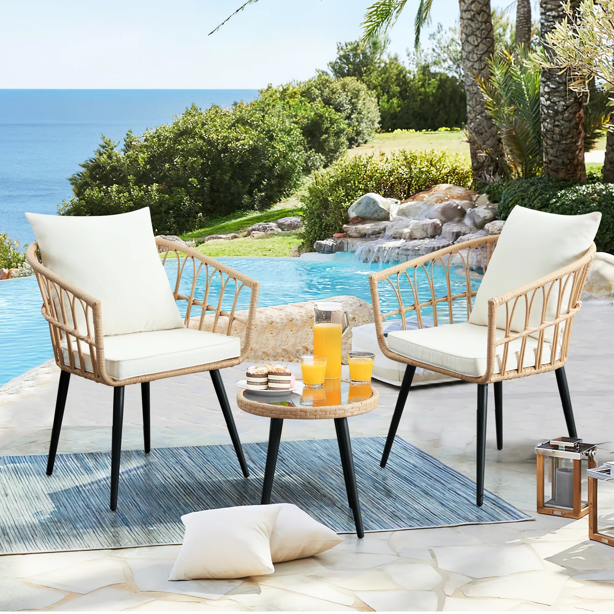 FHFO 3 Piece Patio Bistro Set, Outdoor Wicker Apartment Balcony Furniture Sets, Rattan Table and Chairs Set of 2 for Porch Backyard Lawn Poolside Deck, Beige - Image 2