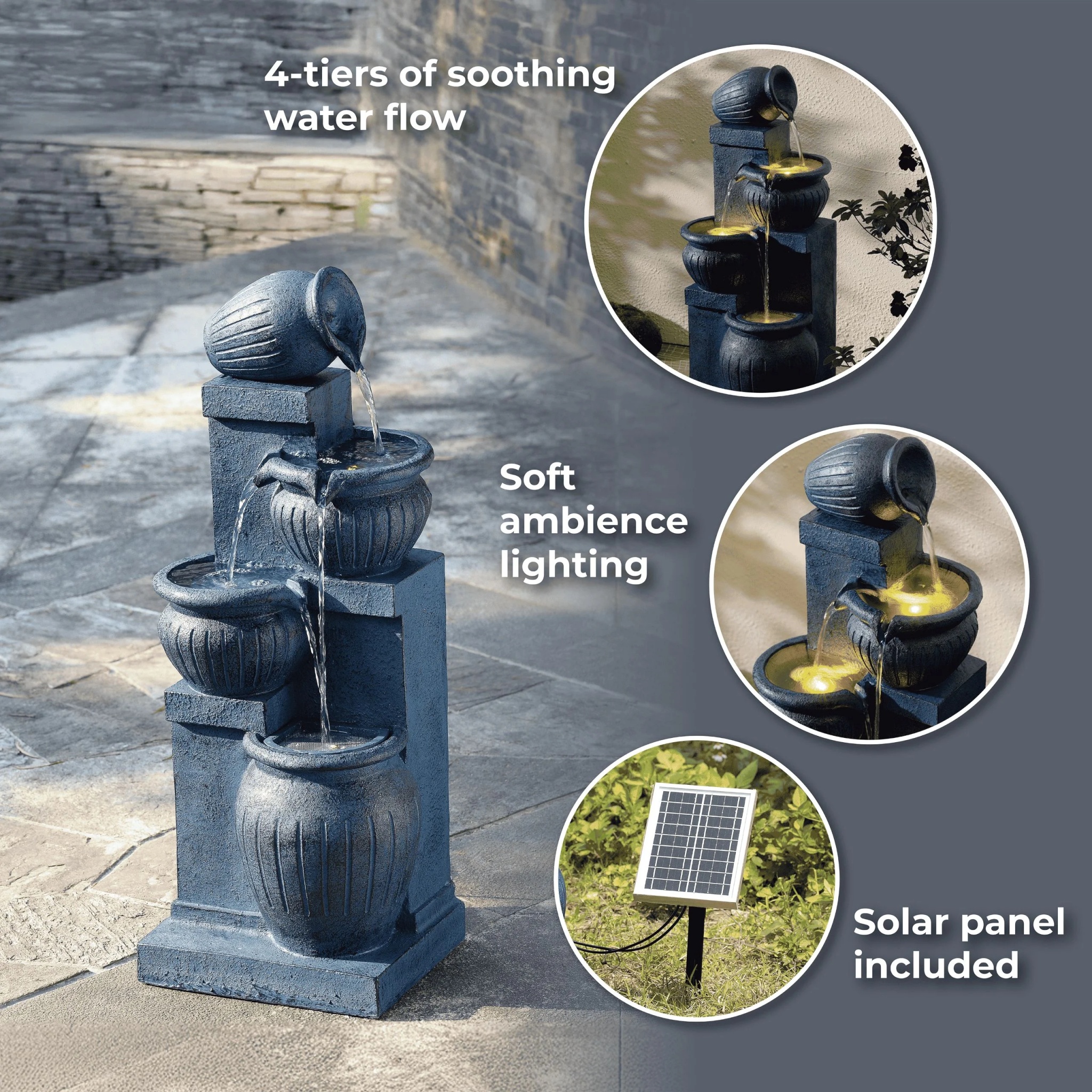 Teamson Home Outdoor Water Fountain with Lights-C 4-Tier Cascading Bowl Design with LED Light & Solar Pump, Solar-Powered Water Fountain Outdoor Garden, Yard, or Patio D-cor, Navy Blue - Image 5