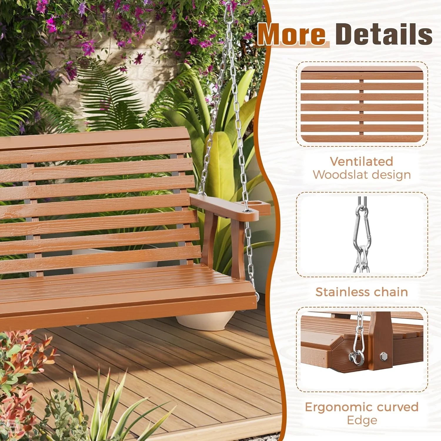 SOLAURA 2 Seat Outdoor Wooden Porch Swing with Cup Holders, Hanging Patio Swing with Hanging Chains, Swing Bench Chair for Backyard Garden Balcony, 440lbs Weight Capacity, Brown - Image 8