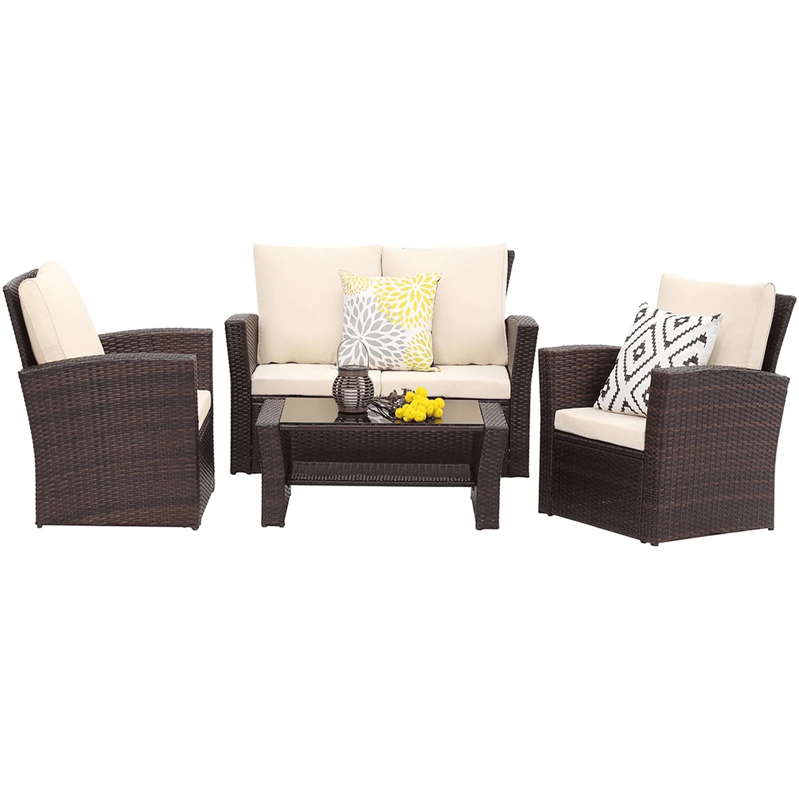 Superjoe 4 Pcs Outdoor Patio Furniture Sets, Wicker Rattan Conversation Set with Coffee table, Brown - Image 13