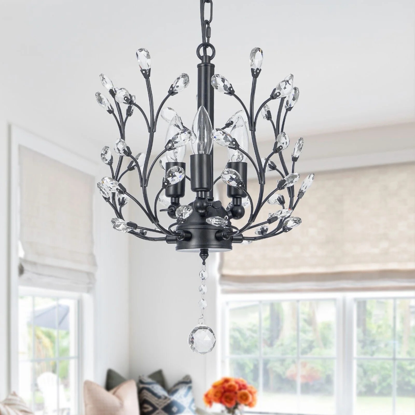 FINE MAKER 18-inch branch flower-shaped crystal chandelier, 3-head living room chandelier, bedroom study lighting fixture (black) - Image 7