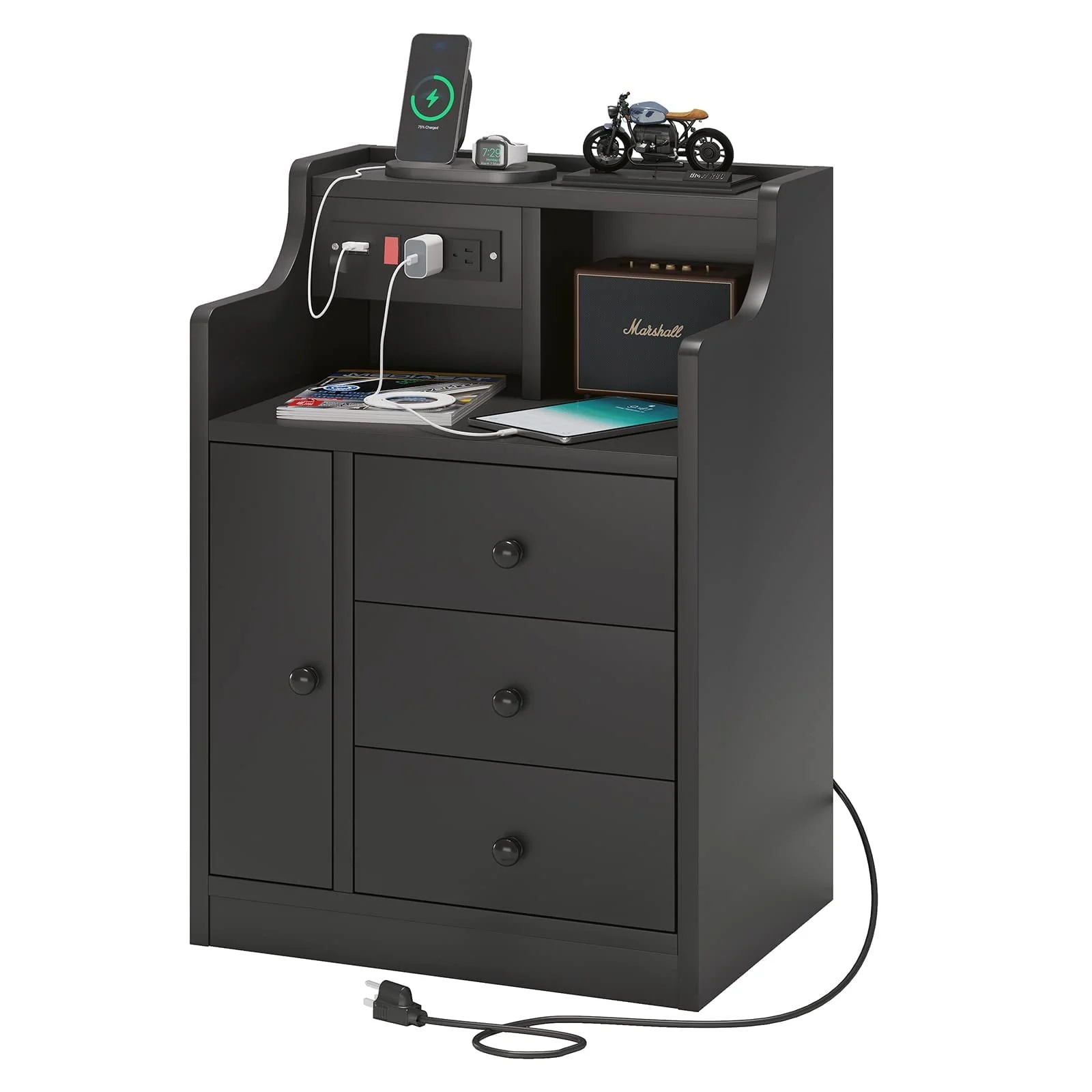 Nightstand with 3 Storage Drawers and Hutch, Black Night Stand with Charging Station End Side Table with 1 Door, Modern Bedside Table for Bedroom - Image 7
