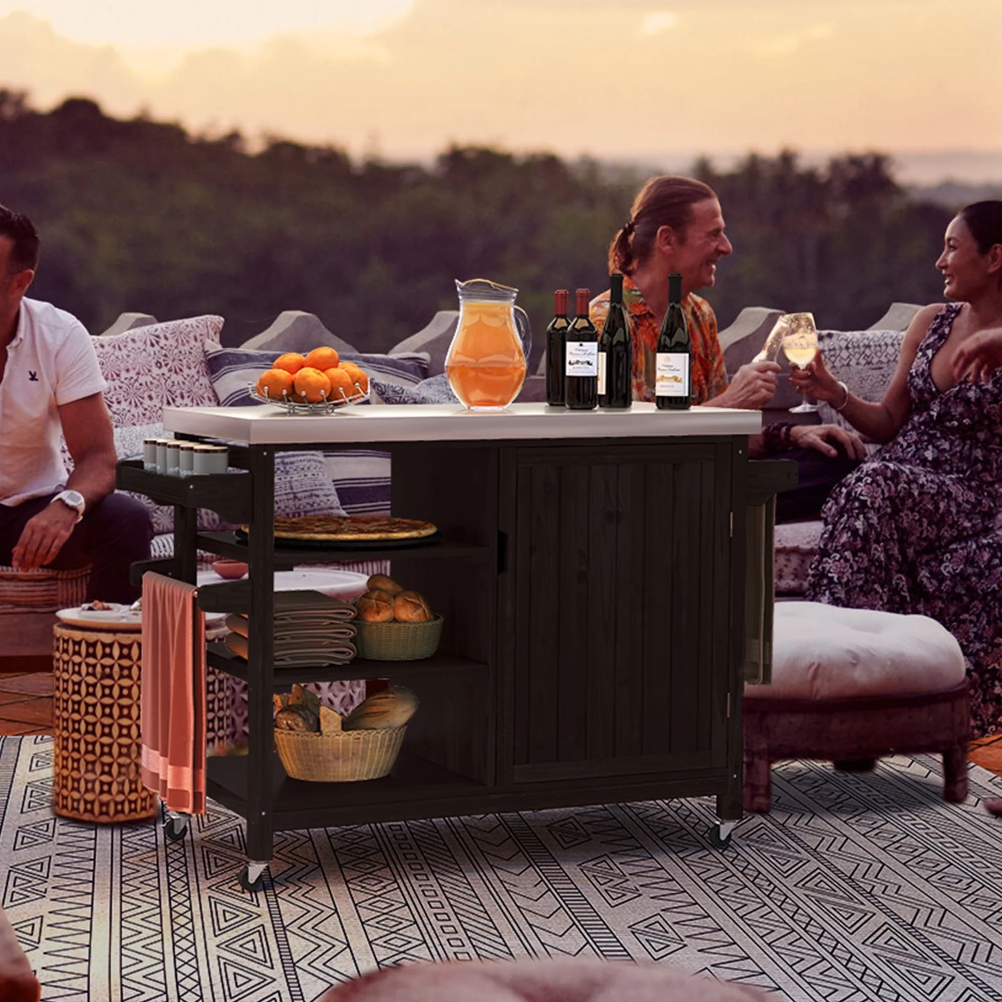 Dextrus Grill Carts Outdoor With Storage Cabinet and Wheels, Solid Wood Movable Dining Cart Table,with Stainless Steel Top, Spice Rack, and Side Handle, Kitchen Island with Storage or Bar Cart, Brown - Image 5