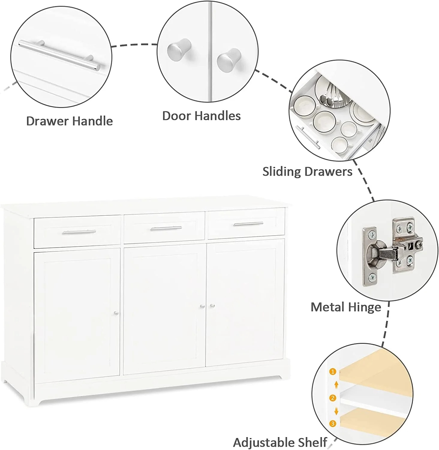 VINGLI White Credenza,Kitchen Buffet Cabinet with Storage,Dining Sideboard Buffet Console Table with Cabinet,Adjustable Shelves and Drawers - Image 5