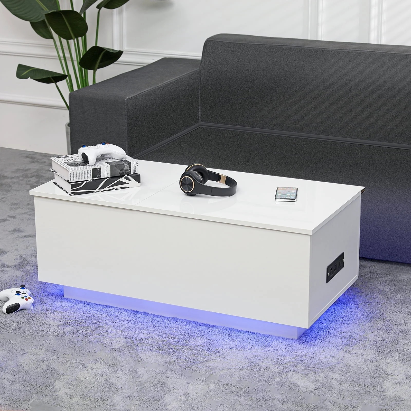 LED Coffee Table Lift Top End Table with with Charging Station and Storage Space Modern Rectangle Cocktail Tables Sofa Side Dining Table - Image 6