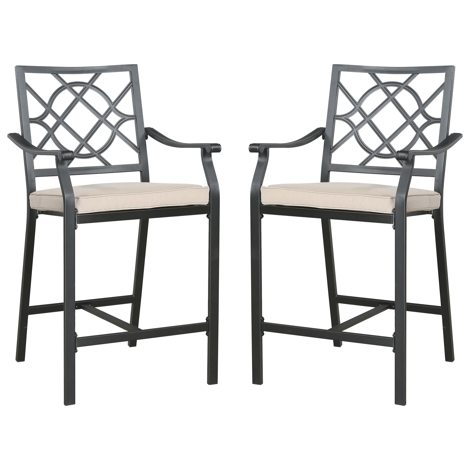 Ulax Furniture Outdoor Bar Stools Metal Patio Counter Height Bar Stool Chairs with Beige Cushion, Set of 2 - Image 7