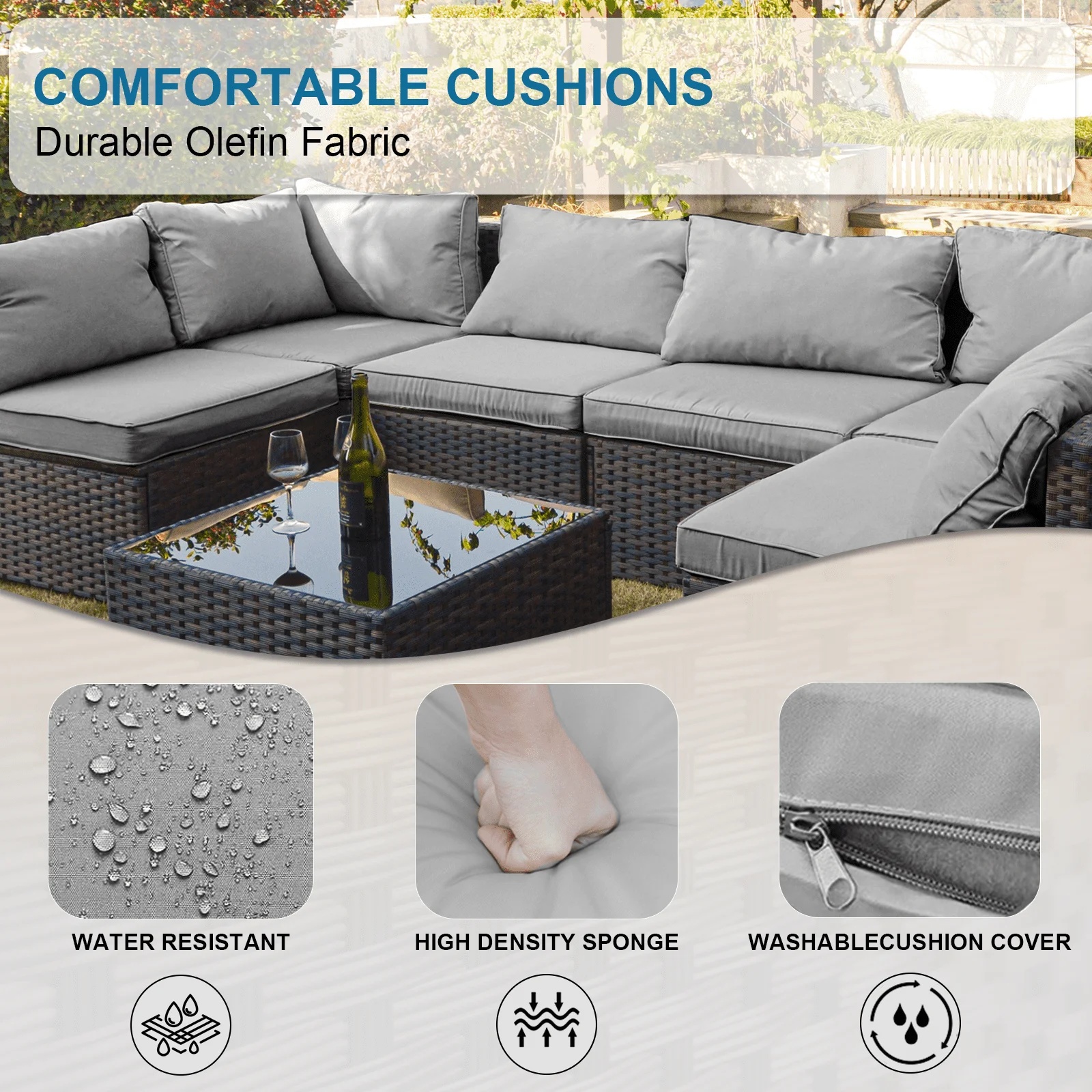 Grezone 7 Patio Outdoor Furniture Wicker Sectional Sofa Couch Lawn Sectional, Black - Image 39