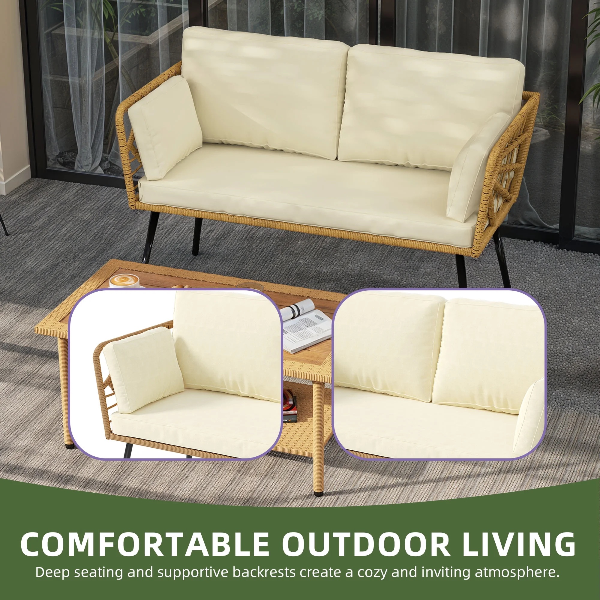 Uforic Outdoor Wicker Loveseat with Cushions and Rattan Side Table, All-Weather 2 Pieces Bistro Patio Conversation Furniture Set -Beige - Image 9