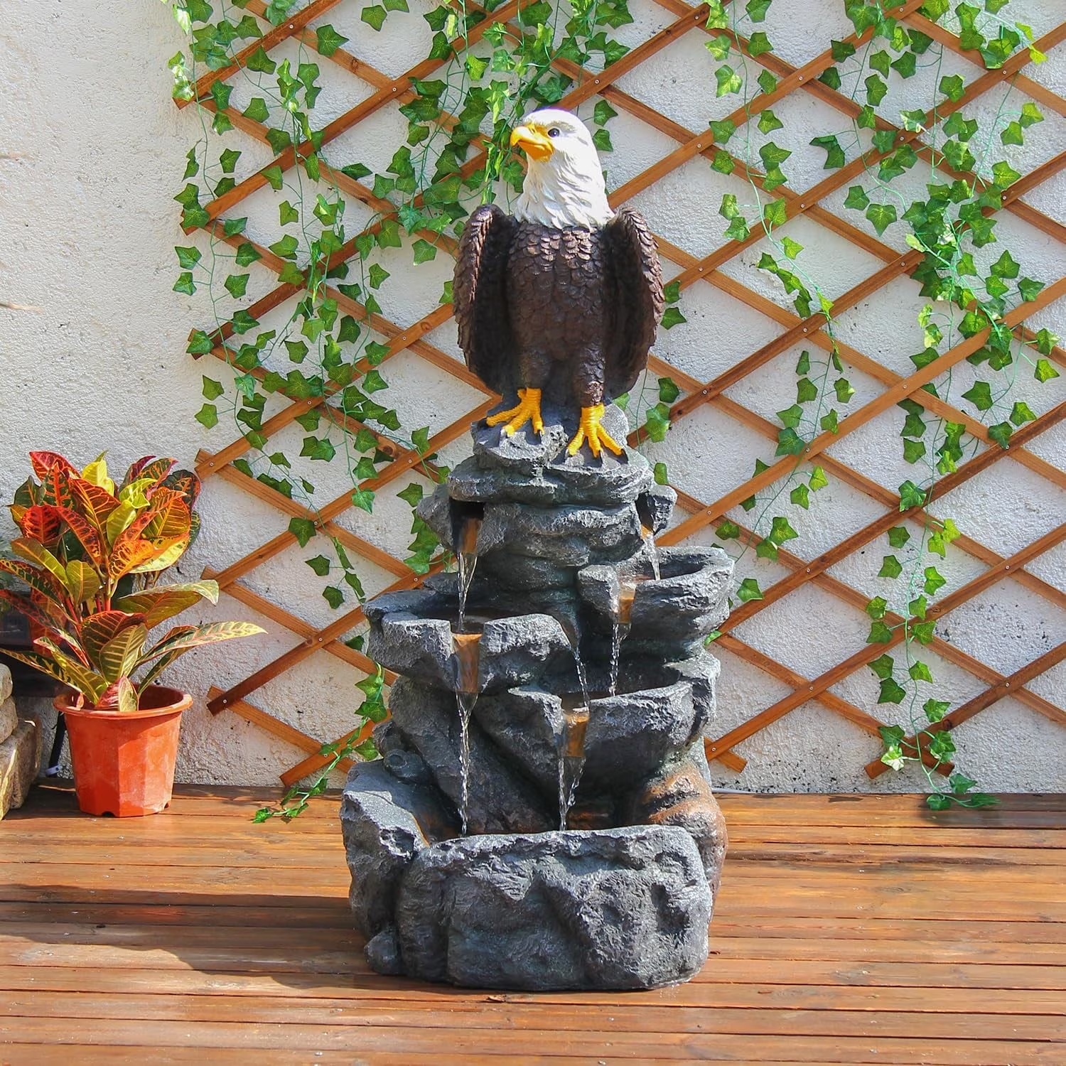 Bald Eagle Statue Outdoor Fountain Tiered Cascading Rock Water Fountain Outdoor Garden Waterfall Decor for Garden Patio Backyard Deck Porch Outside Water Feature 39.76" H